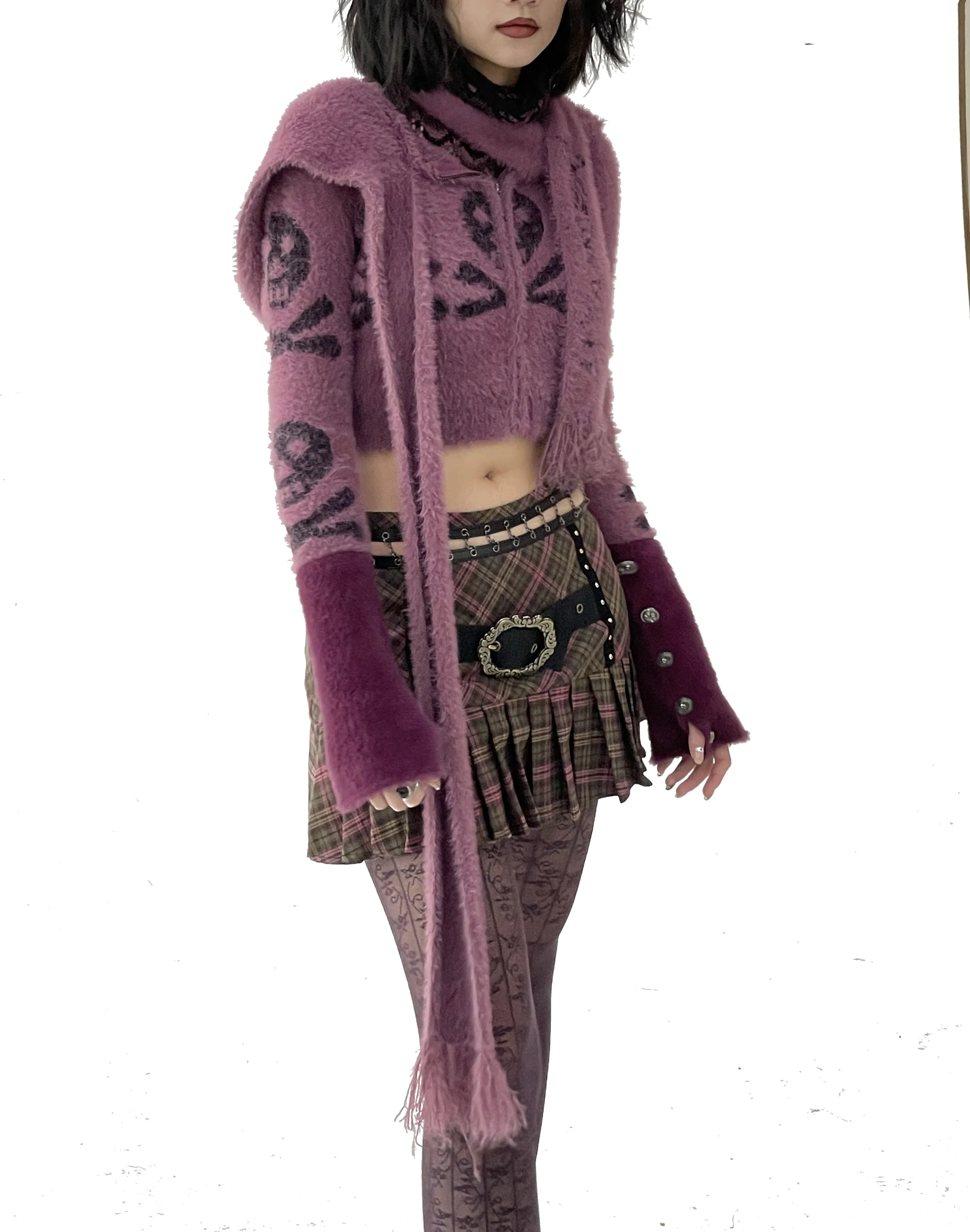 Japanese Subculture Skull Hooded Scarf Cardigan Autumn Furry Mohair Punk Knitted Top Cardigan Short Purple Sweater for Women
Japanese Subculture Skull Hooded Scarf Cardigan Autumn Furry Mohair Punk Knitted Top Cardigan Short Purple Sweater for Women