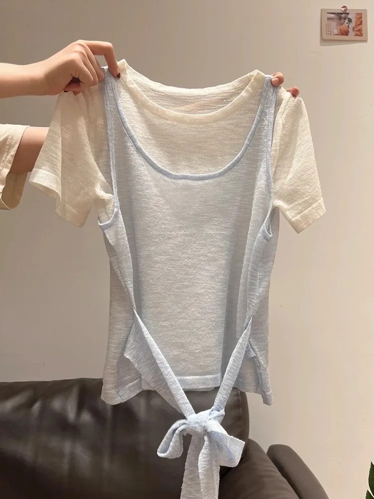 Korean Sle Simple round Ne ort Sve T-irt Women's Summer Belt Design Waist Inward Vest Two-Piece Set Top Trendy
Korean Sle Simple round Ne ort Sve T-irt Women's Summer Belt Design Waist Inward Vest Two-Piece Set Top Trendy