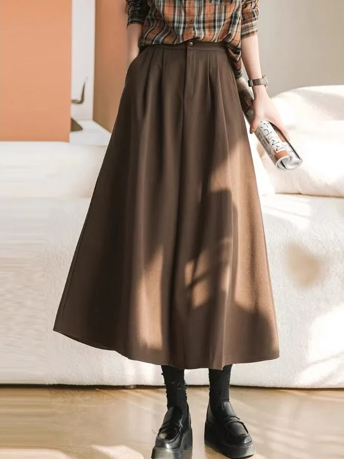 Hepburn Sle Коричневая шерстяная юбка-миди трапециевидной формы с высокой талией, осень-зима, Новое поступление, женская модная теплая однотонная юбка для поездок на работу
Hepburn Sle Коричневая шерстяная юбка-миди трапециевидной формы с высокой талией, осень-зима, Новое поступление, женская модная теплая однотонная юбка для поездок на работу