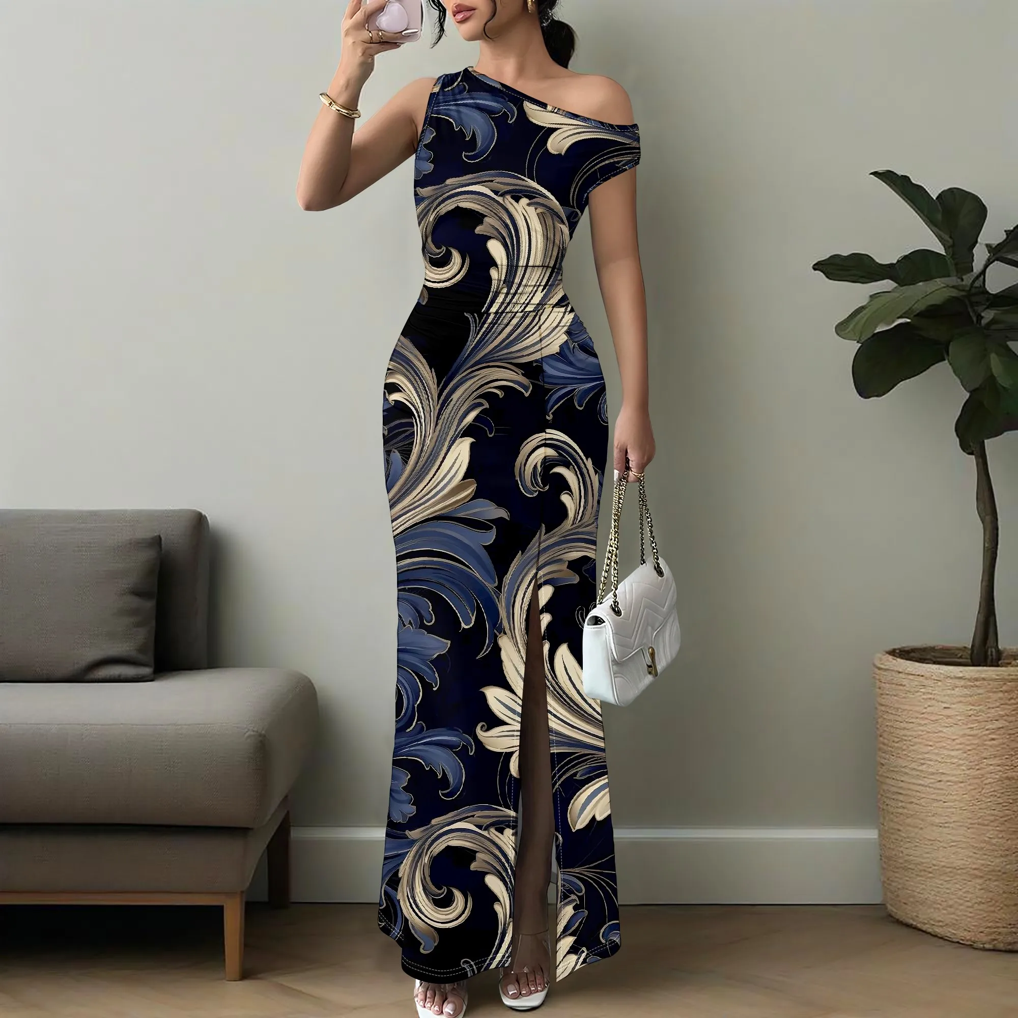 Women's Sexy One Shoulder Baroque Print Long Dress XS-3XL Elegant Bodycon High Slit Maxi Dress for Evening Party Gala Look
Women's Sexy One Shoulder Baroque Print Long Dress XS-3XL Elegant Bodycon High Slit Maxi Dress for Evening Party Gala Look