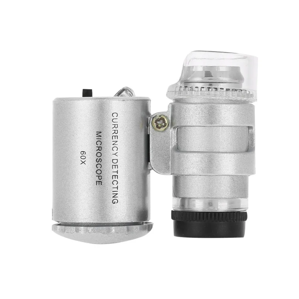 60X Magnification Pocket Microscope Adjustable Length Metal Material Mini Microscope LED Light Magnifier Loupe Lab Accessories