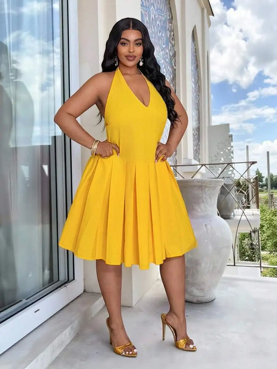 Yellow Halter Neck Pleated A-Line Loose Dress For Women Summer Casual Party
Yellow Halter Neck Pleated A-Line Loose Dress For Women Summer Casual Party