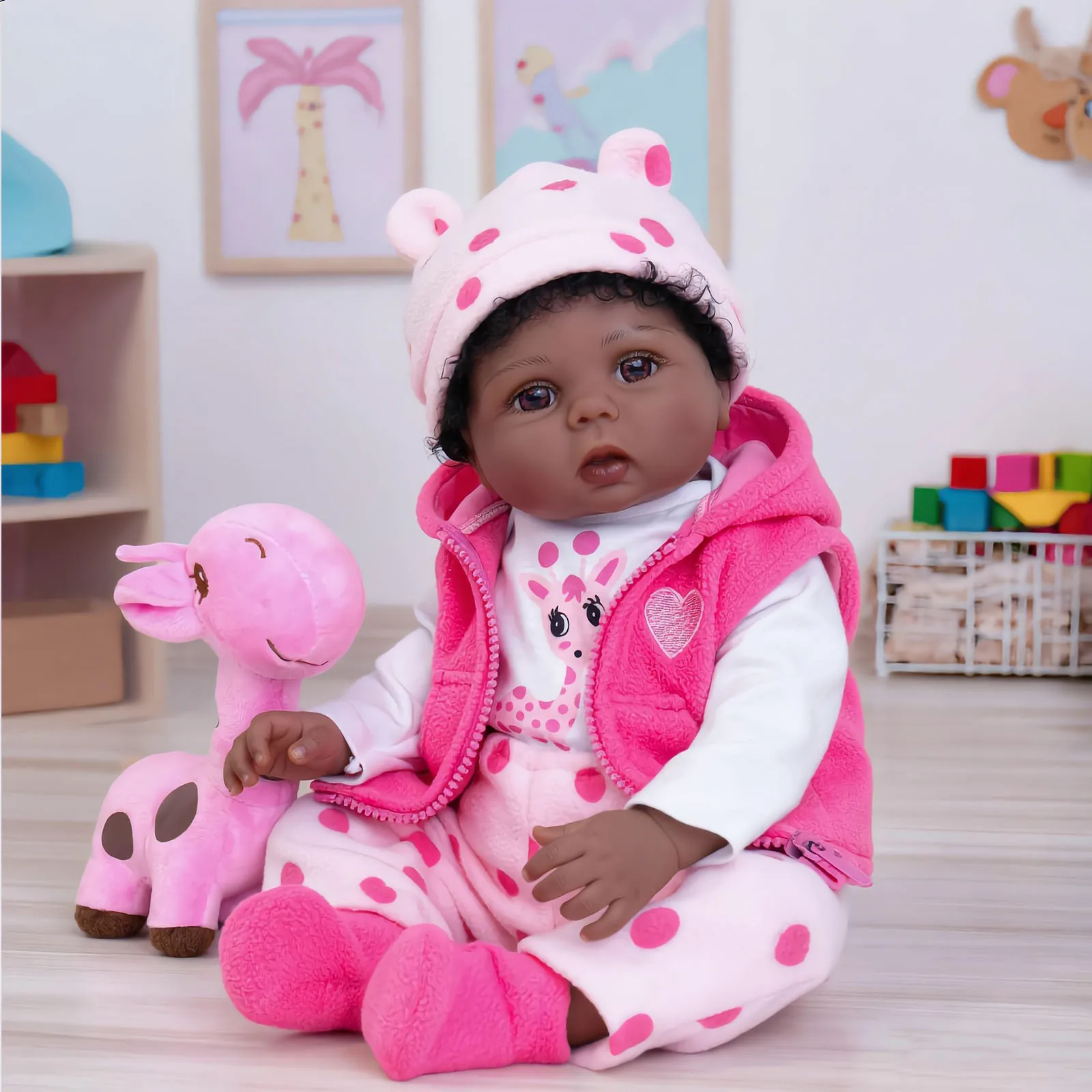 Reborn Baby Doll Girl 20 Inch, Lifelike African American Doll with Curly Hair, Pink Hooded Outfit, Giraffe Accessory & Pacifier, Ideal Birthday Gift for Girls
Reborn Baby Doll Girl 20 Inch, Lifelike African American Doll with Curly Hair, Pink Hooded Outfit, Giraffe Accessory & Pacifier, Ideal Birthday Gift for Girls