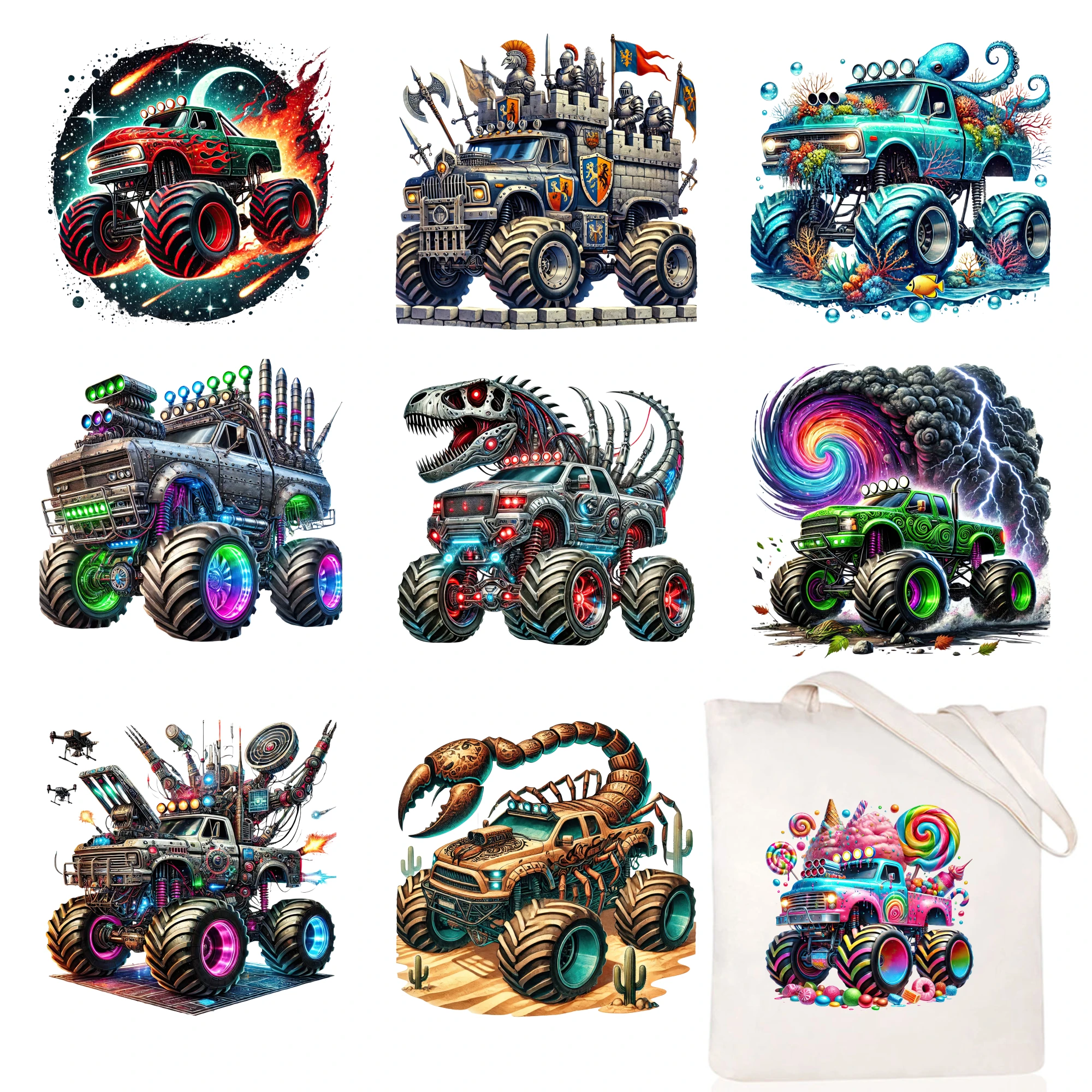 9 Pcs Monster Truck Artwork Collection Press Washable Stickers Easy to heat press decals Iron On Transfer Patches Iron on Decals
9 Pcs Monster Truck Artwork Collection Press Washable Stickers Easy to heat press decals Iron On Transfer Patches Iron on Decals