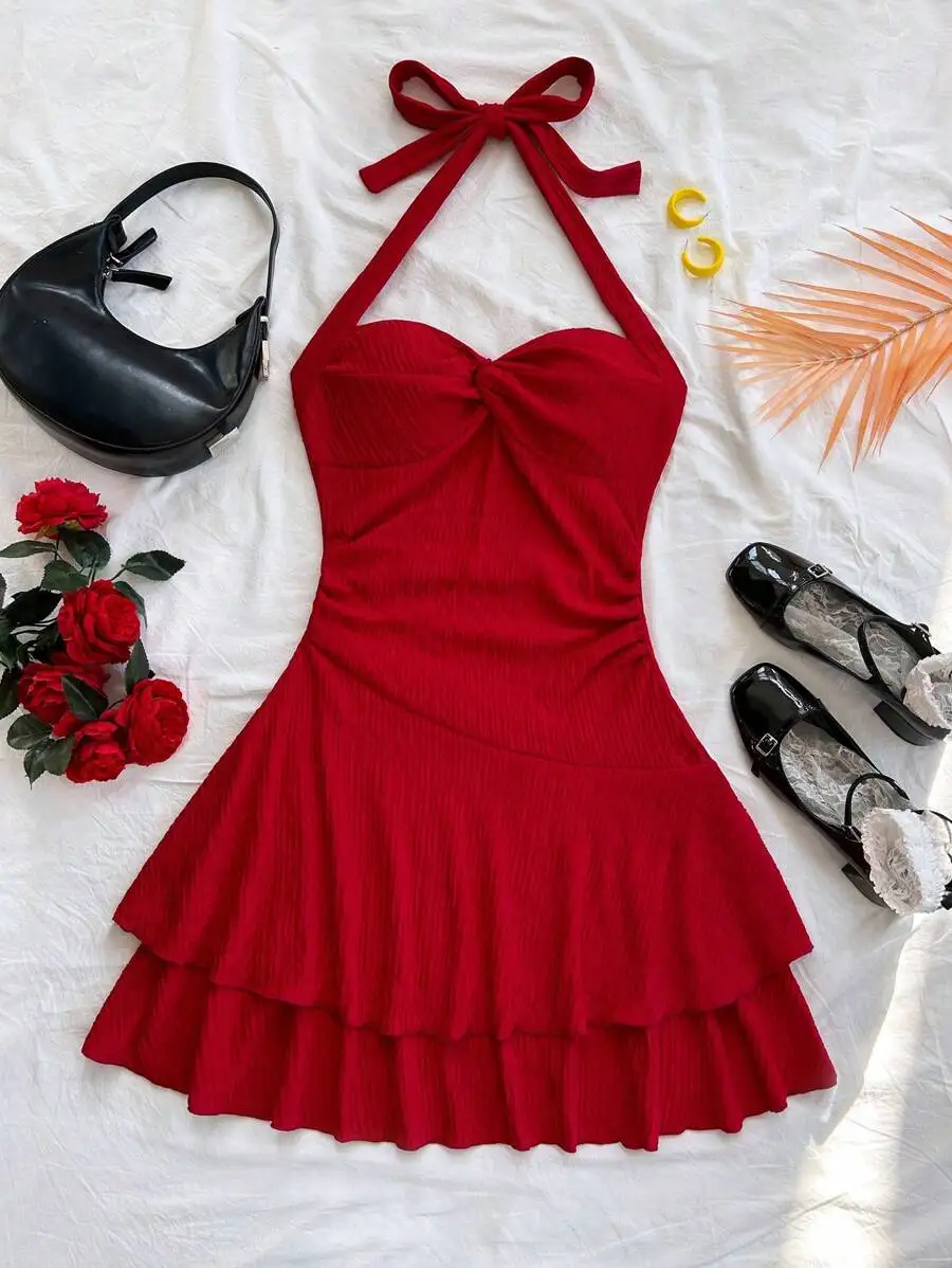 Red Halter Neck Twist Bust Mini Dress with Tiered Skirt, Flowy Fit for Summer
Red Halter Neck Twist Bust Mini Dress with Tiered Skirt, Flowy Fit for Summer
