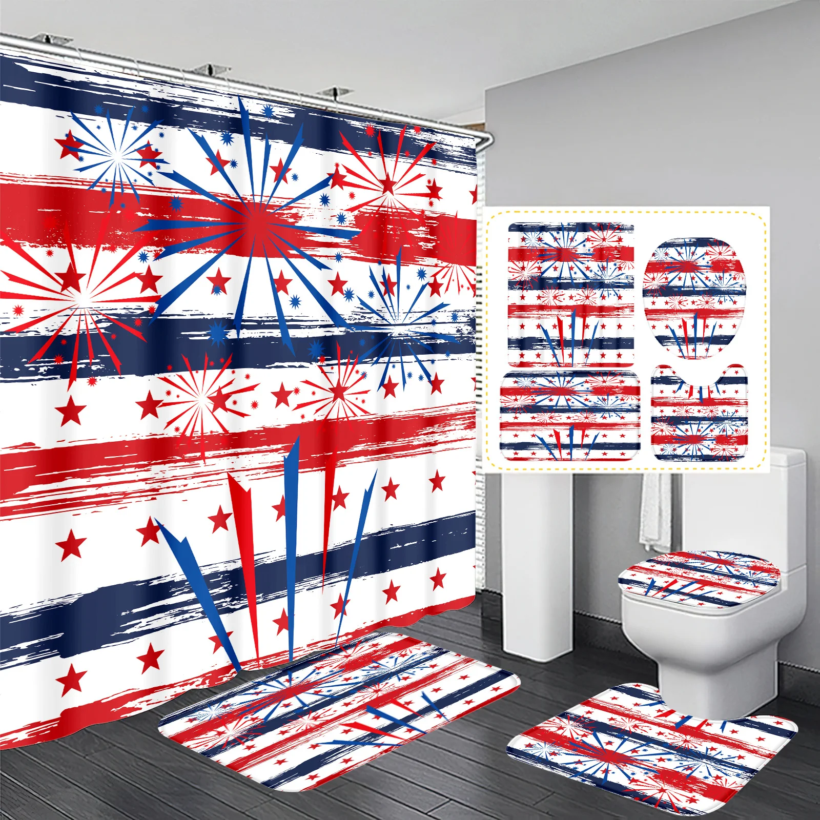 Bathroom Set Independence Day Fireworks Shower Curtain Set with Hooks Bath Mat U Shape Rug Toilet Lid Cover 1pc/4pcs Heat Insulating Polyester Home Bathroom Decor All Scenes Reusable Machine Washable American Holiday Set
Bathroom Set Independence Day Fireworks Shower Curtain Set with Hooks Bath Mat U Shape Rug Toilet Lid Cover 1pc/4pcs Heat Insulating Polyester Home Bathroom Decor All Scenes Reusable Machine Washable American Holiday Set
