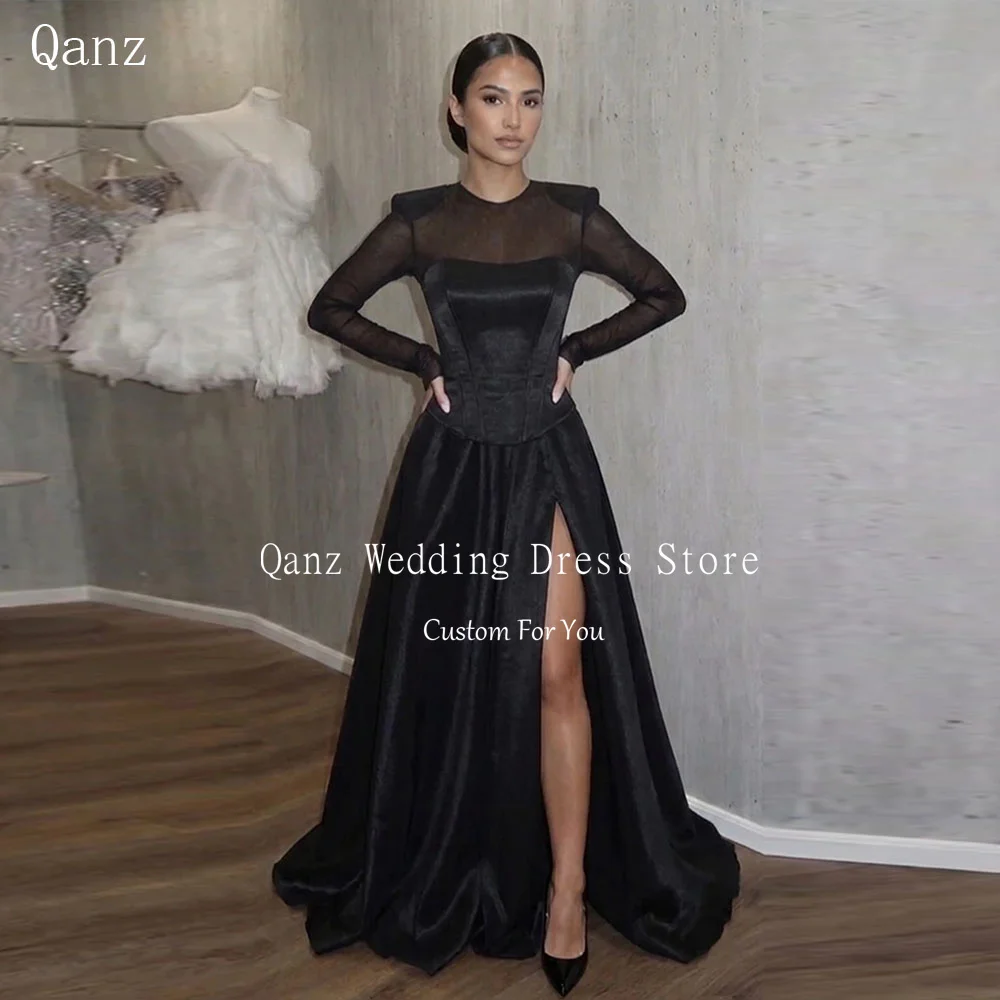 Qanz Modest Black Satin Evening Dresses High Slit Long Sheer Sleeves Formal Occasion Dress 2 Pieces Robes De Soirée Customized
Qanz Modest Black Satin Evening Dresses High Slit Long Sheer Sleeves Formal Occasion Dress 2 Pieces Robes De Soirée Customized