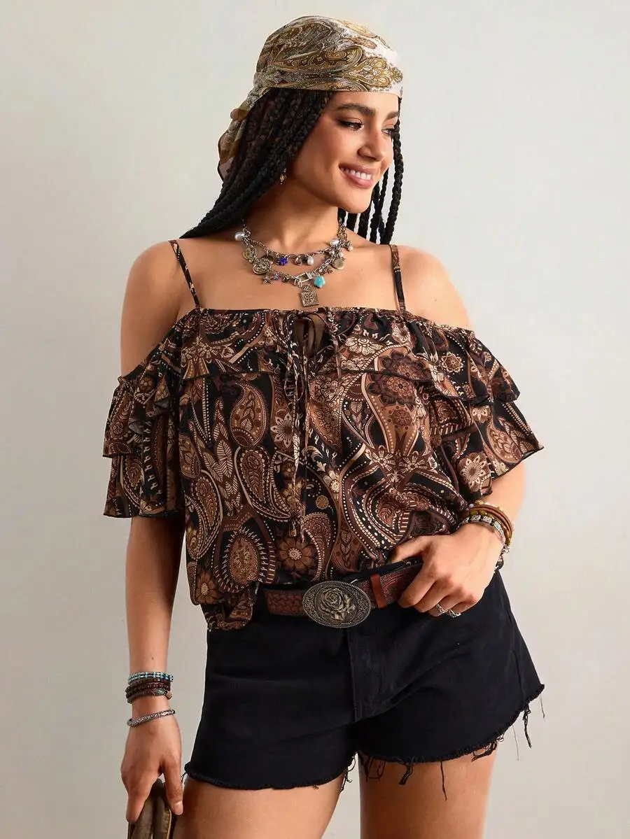 Bohemian Off Shoulder Ruffled Spaghetti Strap Top Paisley Print Loose Summer Blouse
Bohemian Off Shoulder Ruffled Spaghetti Strap Top Paisley Print Loose Summer Blouse