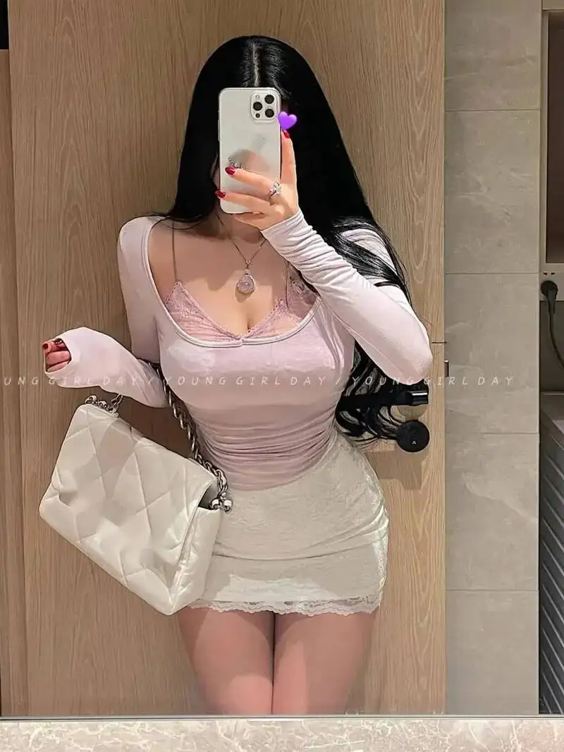 Pure Desire Sexy Fake Two-Piece Lace Patchwork Camisole Long Sleeve Base T-Shirt Top Fashion Sexy Women Tees Tops JYH8
Pure Desire Sexy Fake Two-Piece Lace Patchwork Camisole Long Sleeve Base T-Shirt Top Fashion Sexy Women Tees Tops JYH8