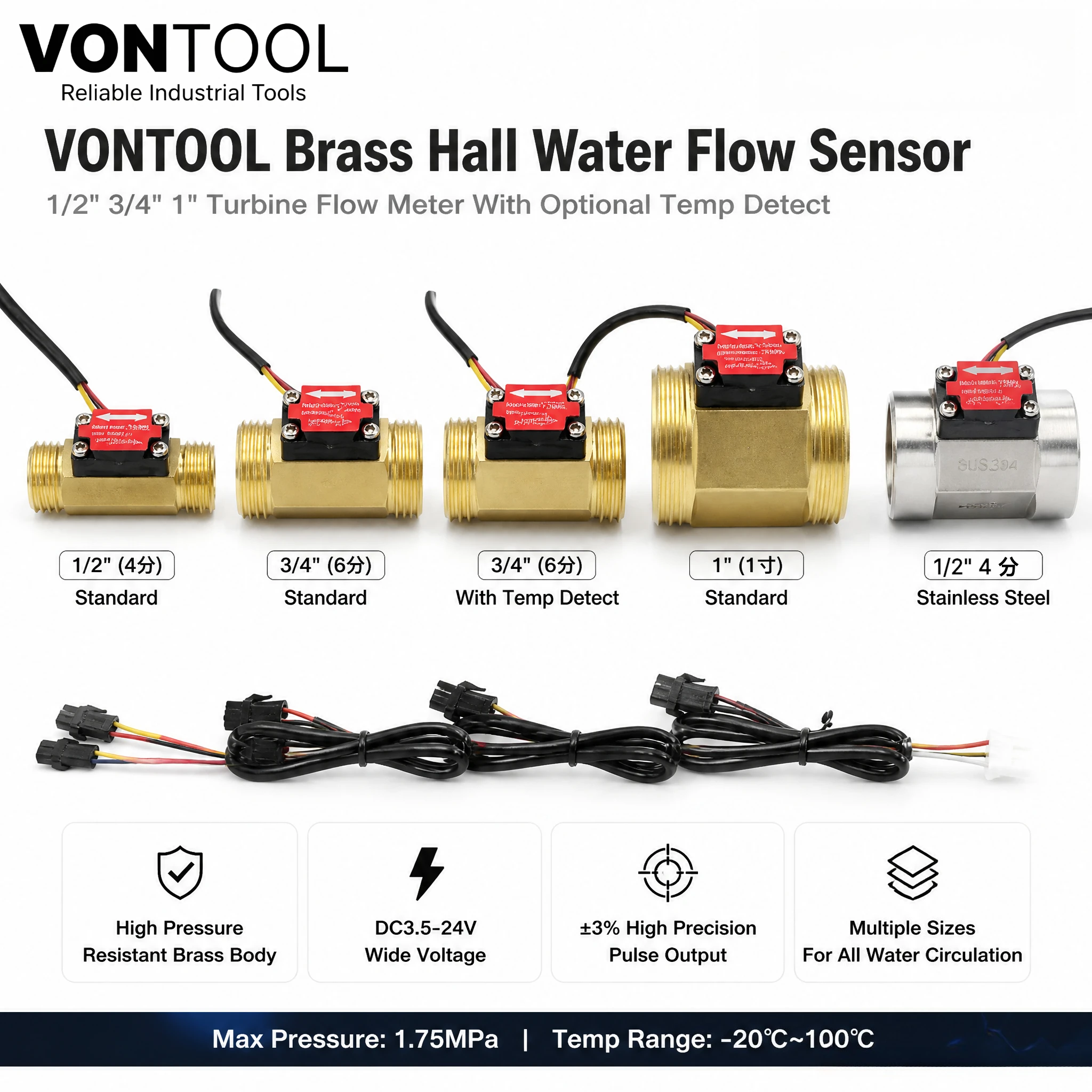 VONTOOL Brass Hall Water Flow Sensor 1/2" 3/4" 1" DC3.5-24V Pulse Meter With NTC Temp Probe for Aquarium Boiler W3230 Thermostat
VONTOOL Brass Hall Water Flow Sensor 1/2" 3/4" 1" DC3.5-24V Pulse Meter With NTC Temp Probe for Aquarium Boiler W3230 Thermostat