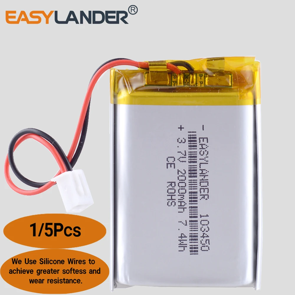 Silicone Wires JST2.54 2P 103450 3.7V 2000mAh Rechargeable Lithium Li-ion Polymer Battery For SPeaker PAD DVR toys 103549 103550
Silicone Wires JST2.54 2P 103450 3.7V 2000mAh Rechargeable Lithium Li-ion Polymer Battery For SPeaker PAD DVR toys 103549 103550