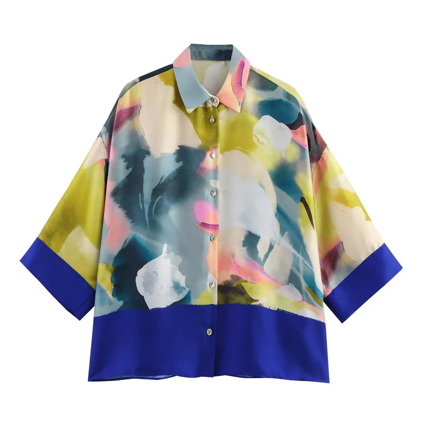 PB&ZA Women's Collared Button - down 3/4 - sleeved Printed Blouse with Contrasting Hem and Cuffs for Summer 
PB&ZA Women's Collared Button - down 3/4 - sleeved Printed Blouse with Contrasting Hem and Cuffs for Summer