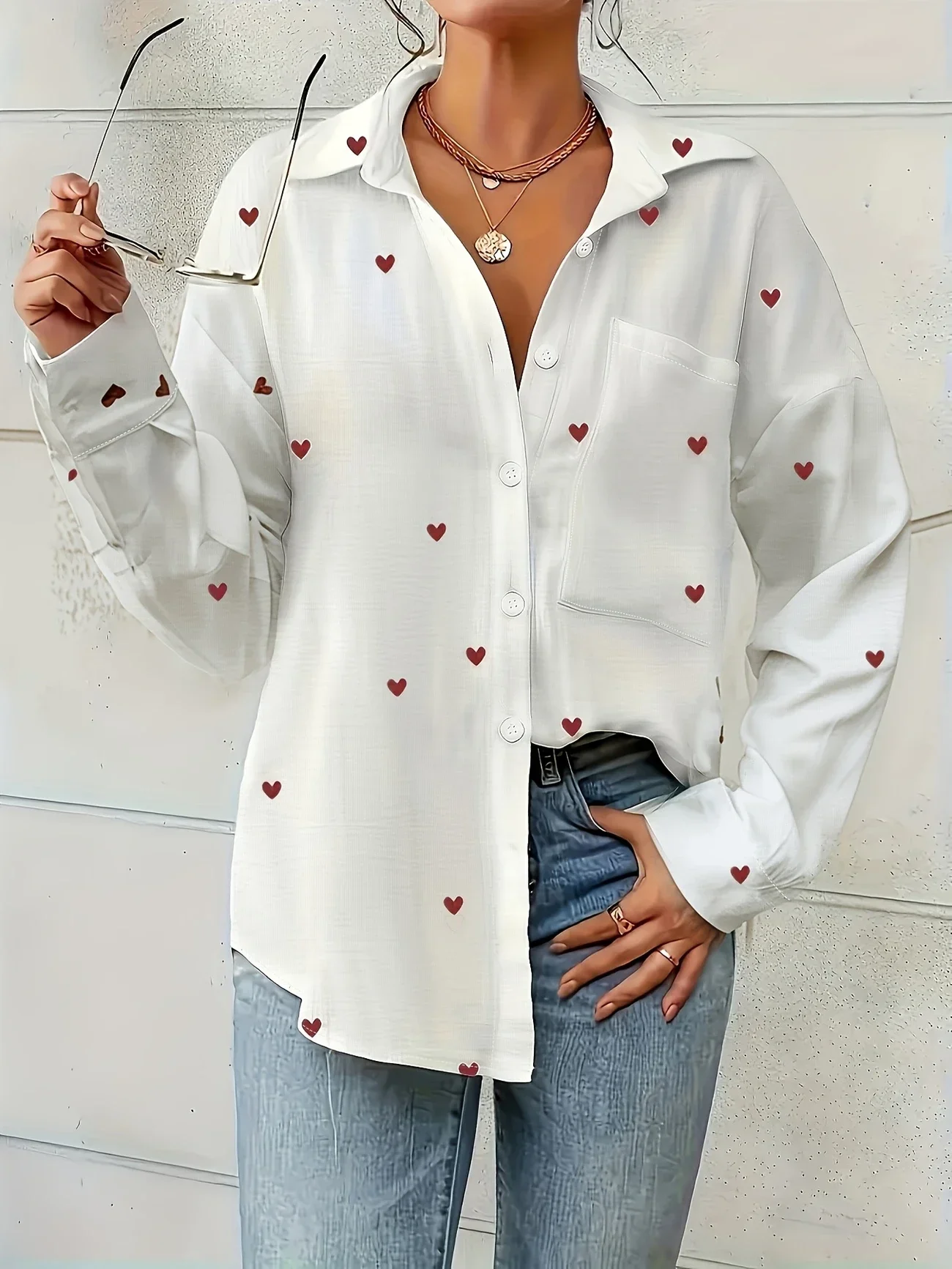Плюс размер 1XL-5XL Элегантная женская рубашка на пуговицах с длинным рукавом Женская рубашка с красным сердечком Весна/Оень Повседневная и официальная блузка
Плюс размер 1XL-5XL Элегантная женская рубашка на пуговицах с длинным рукавом Женская рубашка с красным сердечком Весна/Оень Повседневная и официальная блузка