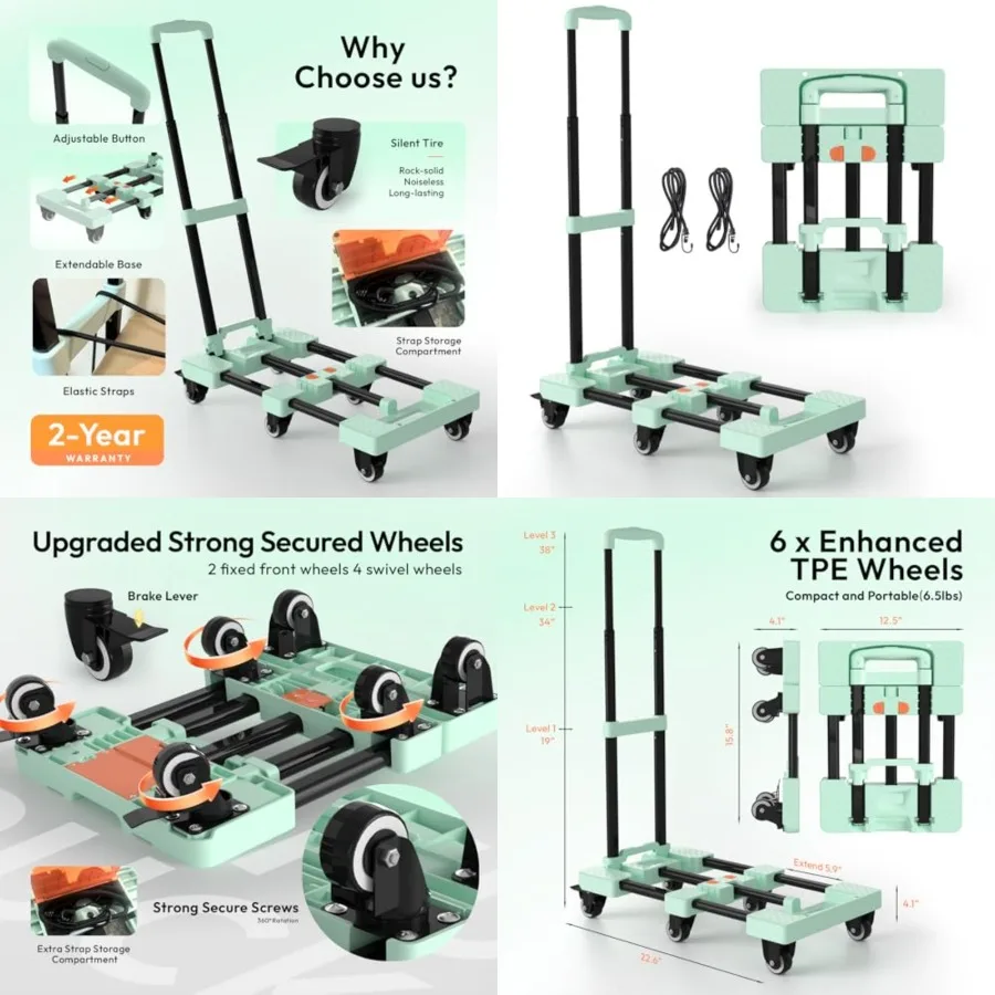 Folding Hand Truck 500lbs, Portable Heavy Duty Dolly Cart, 6 Wheels Collapsible Luggage Cart with 2 Elastic Ropes - Compact Trolley Cart for Easy Moving - Ideal Hand Cart for Travel and More
Folding Hand Truck 500lbs, Portable Heavy Duty Dolly Cart, 6 Wheels Collapsible Luggage Cart with 2 Elastic Ropes - Compact Trolley Cart for Easy Moving - Ideal Hand Cart for Travel and More