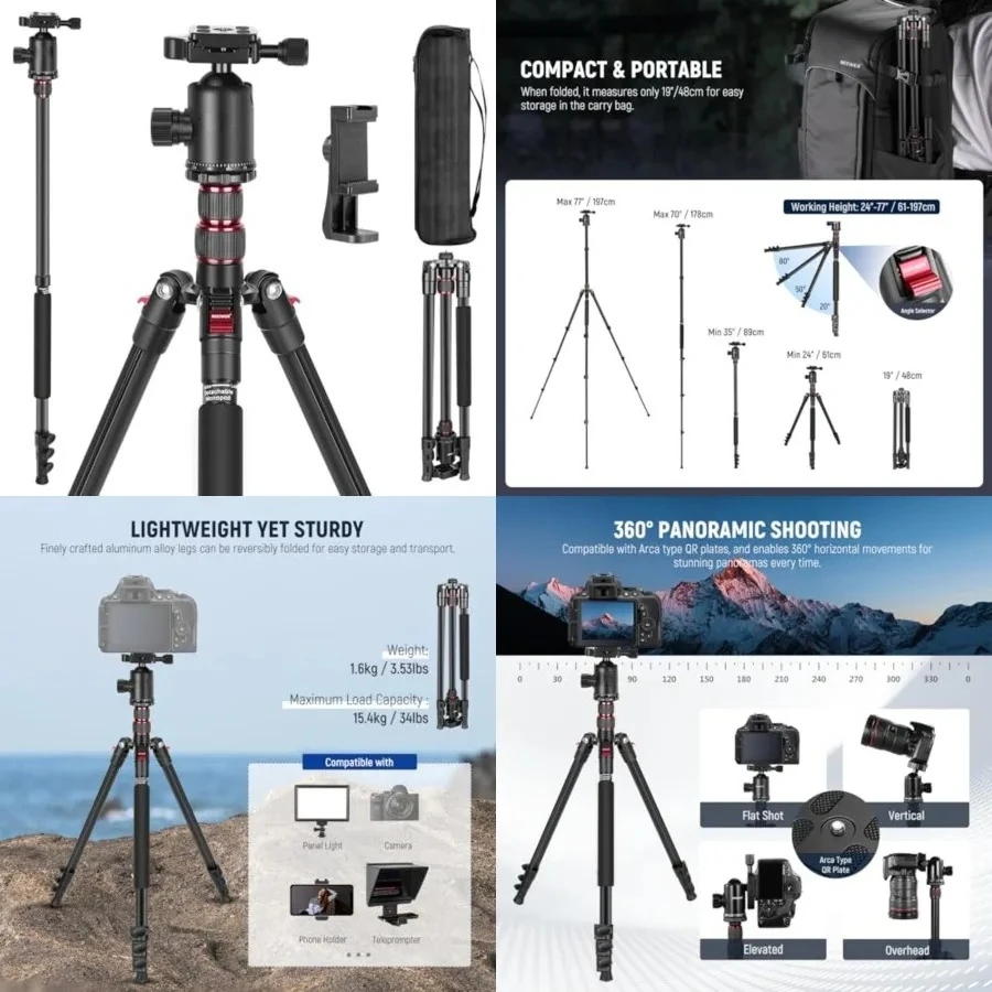 77 inch Camera Tripod Monopod for DSLR, Phone with 360° Panoramic Ball Head, 2 Axis Center Column, Arca Type QR Plate, Bag, Compact Aluminum Lightweight Travel Tripod 34lb Max Load
77 inch Camera Tripod Monopod for DSLR, Phone with 360° Panoramic Ball Head, 2 Axis Center Column, Arca Type QR Plate, Bag, Compact Aluminum Lightweight Travel Tripod 34lb Max Load