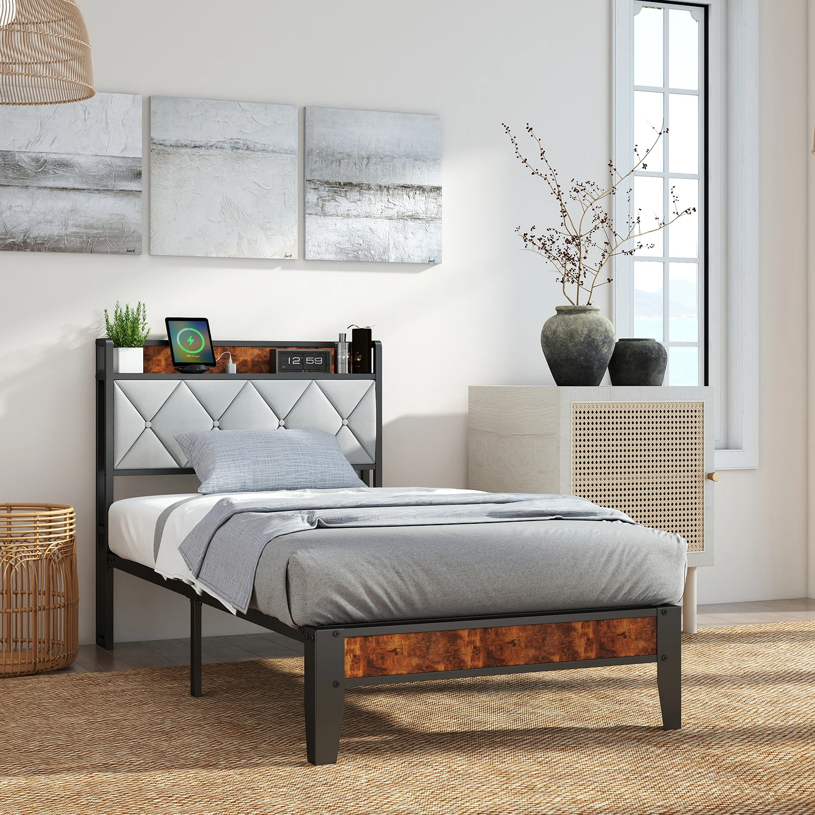 Soft-padded headboard with storage, charging port, iron frame bed
Soft-padded headboard with storage, charging port, iron frame bed