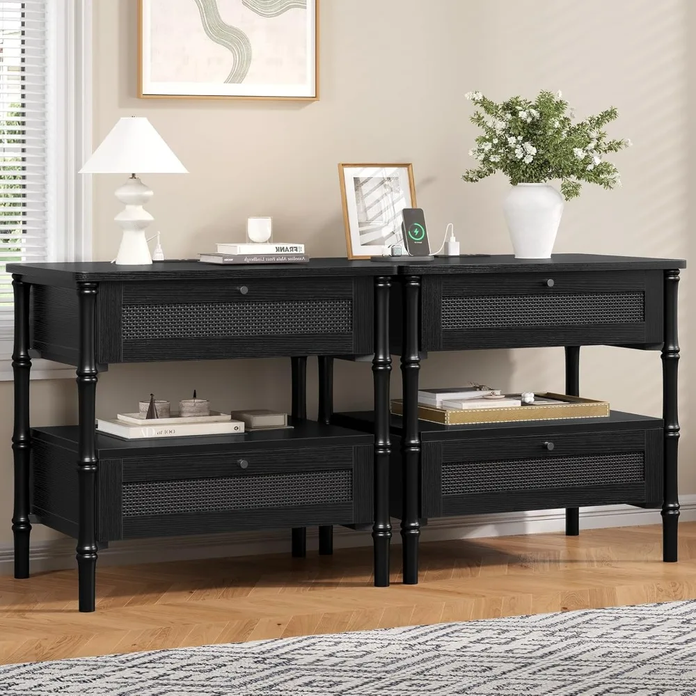 Rattan Nightstand Set of 2 with Charging Station,Wide Night Stand with Turned Legs,Bedside Table with Drawers,Black
Rattan Nightstand Set of 2 with Charging Station,Wide Night Stand with Turned Legs,Bedside Table with Drawers,Black