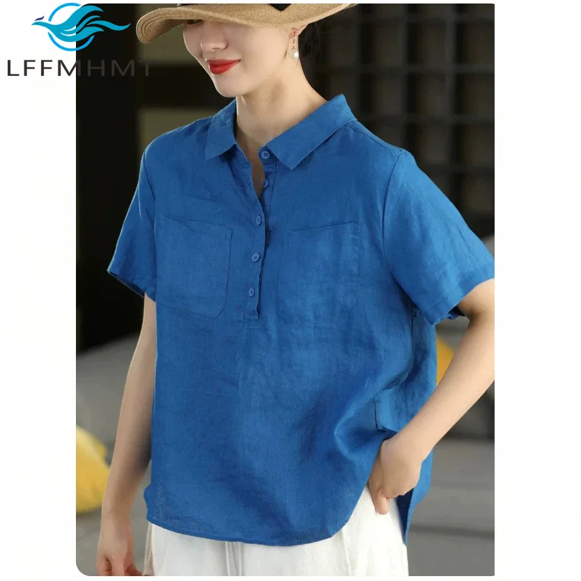Elegant Lapel Collar Women Vintage Linen Blouse Thin Breathable Good Quality Short Sleeve Casual Loose Pullover Literary Tops
Elegant Lapel Collar Women Vintage Linen Blouse Thin Breathable Good Quality Short Sleeve Casual Loose Pullover Literary Tops