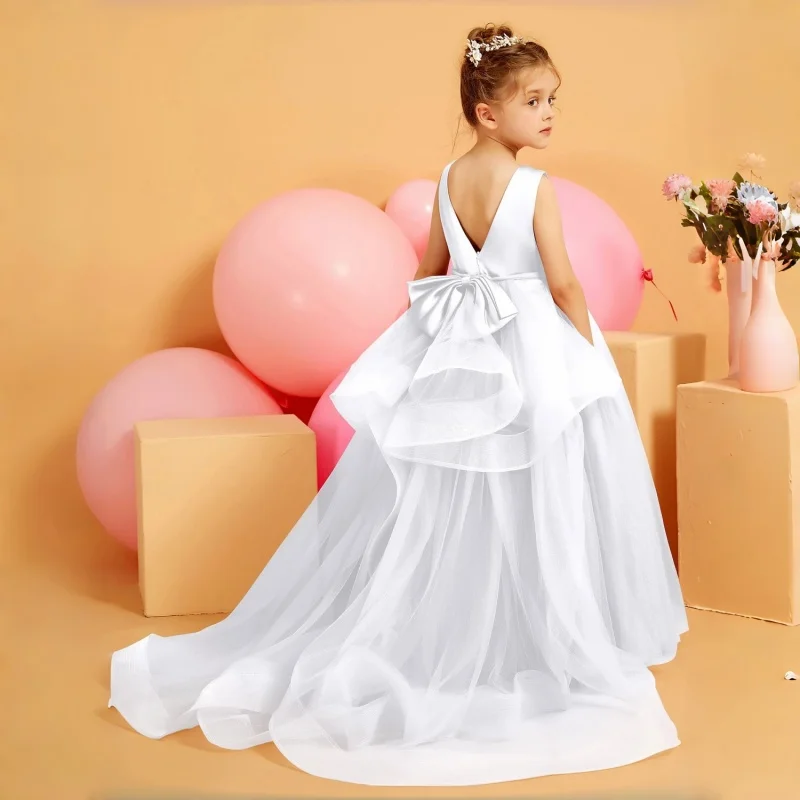 Luxury Kids Long Tulle Gown Matte Satin Bodice Rhinestone Trim Large Back Bow Layered Ruffle Train Birthday Party Dress Customiz
Luxury Kids Long Tulle Gown Matte Satin Bodice Rhinestone Trim Large Back Bow Layered Ruffle Train Birthday Party Dress Customiz