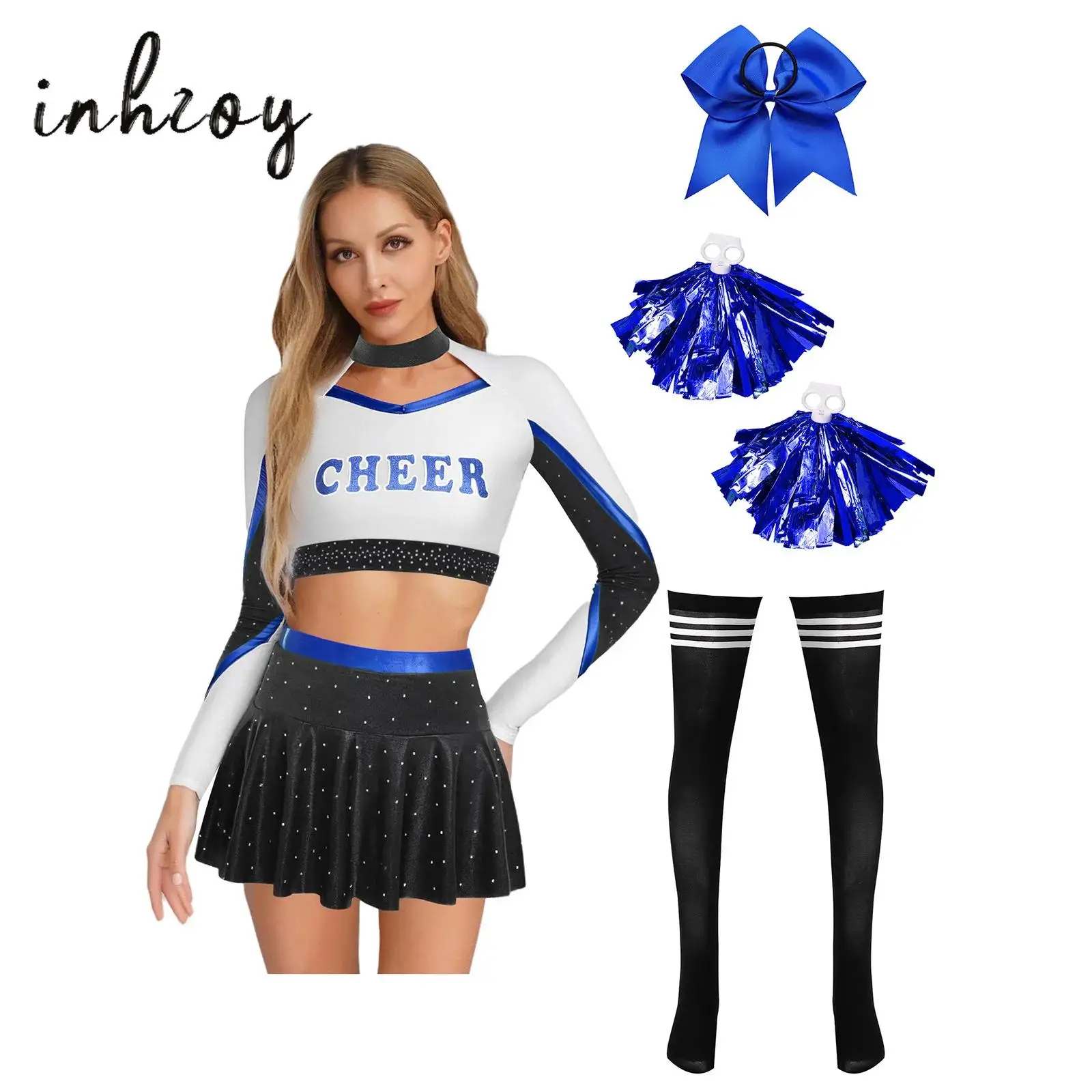 Womens University Cheerleader Dance Costume Set Jazz Cheerleading Crop Top+Miniskirt+Bowknot Hairband+Flower Balls+Stockings
Womens University Cheerleader Dance Costume Set Jazz Cheerleading Crop Top+Miniskirt+Bowknot Hairband+Flower Balls+Stockings