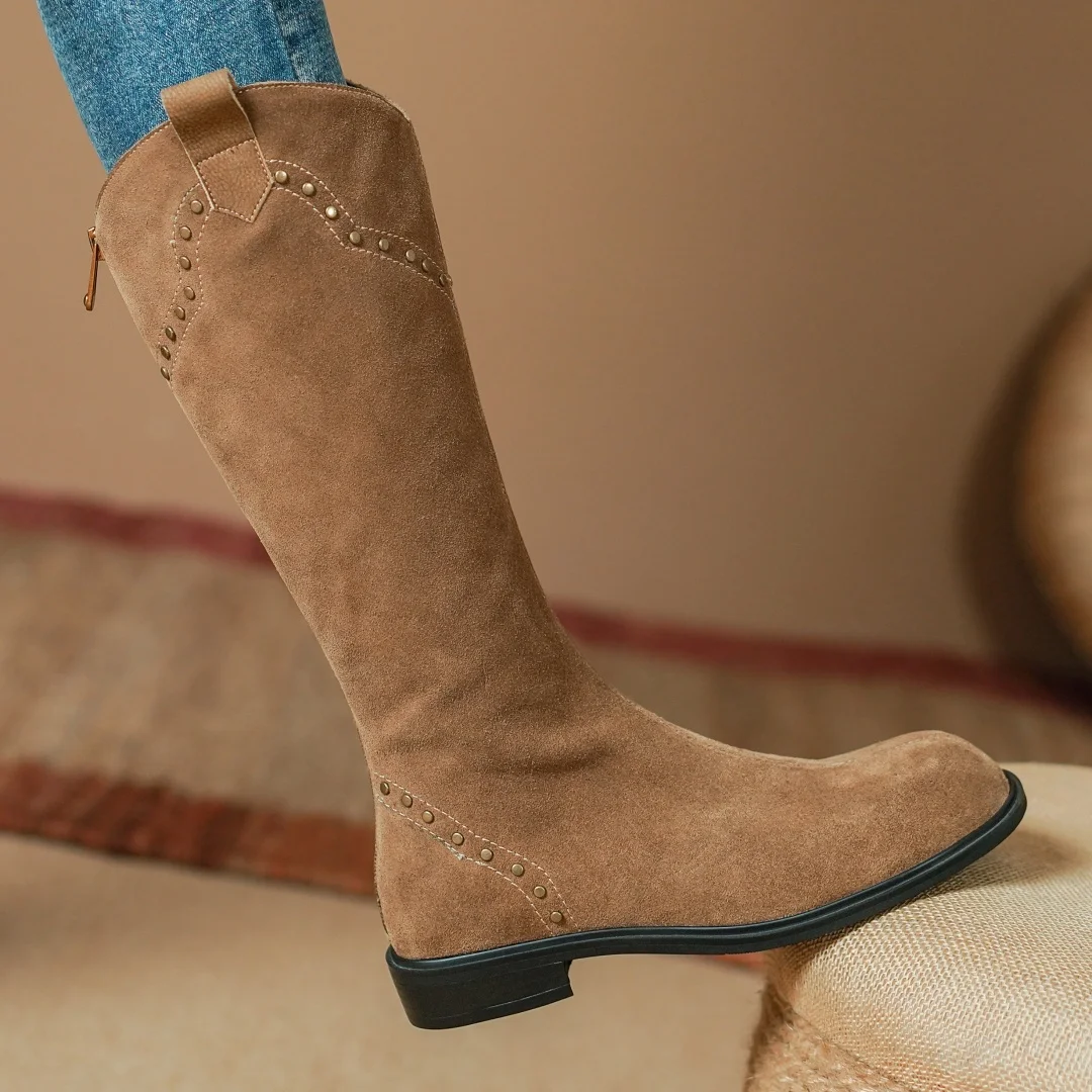 Women's natural suede leather round toe back zip flats autumn winter knee high boots rivet casual female long boots shoes woman 
Women's natural suede leather round toe back zip flats autumn winter knee high boots rivet casual female long boots shoes woman