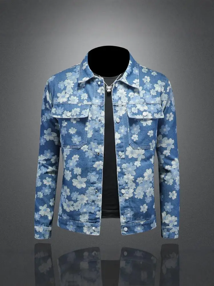 Casual Men's Denim Jaet Floral Embroidery High-End Flip Collar Jeans Jaet Faionable Urban Sle Autumn Season Long Sve
Casual Men's Denim Jaet Floral Embroidery High-End Flip Collar Jeans Jaet Faionable Urban Sle Autumn Season Long Sve
