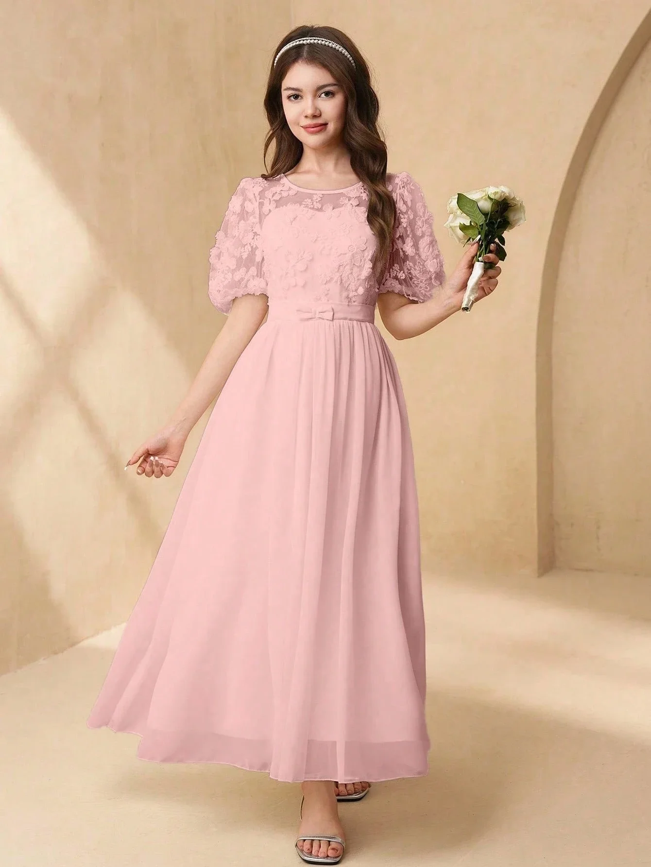 Elegant Pink Round Neck 3D Lace Puff Sleeve Flowy Maxi Dress For Wedding Party
Elegant Pink Round Neck 3D Lace Puff Sleeve Flowy Maxi Dress For Wedding Party