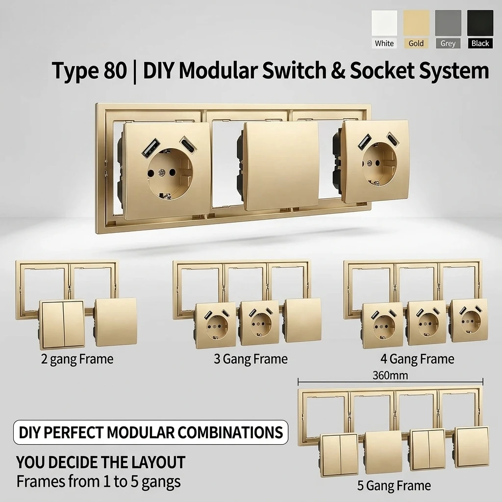 Flush Mount EU Electrical Socket 16A 250V with USB Type-C Charging 1/2 Gang Switch, 80x80mm Golden Panel for European Standard
Flush Mount EU Electrical Socket 16A 250V with USB Type-C Charging 1/2 Gang Switch, 80x80mm Golden Panel for European Standard