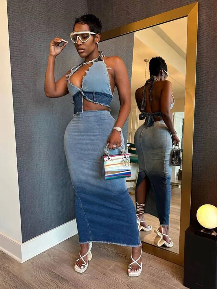 Two Piece Set for Women Summer Halter Top and Long Dress Night Club Outfit Backless Sexy Denim Skirt Set Wholesale Dropshipping
Two Piece Set for Women Summer Halter Top and Long Dress Night Club Outfit Backless Sexy Denim Skirt Set Wholesale Dropshipping