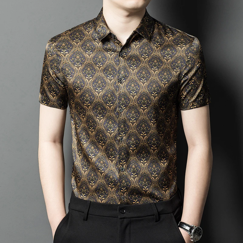 HT2402 Digital Print Silk Shirts For Men Short Sleeve Regular Fit Summer Quality Smooth Comfortable Coolness Lapel Chemise Homme
HT2402 Digital Print Silk Shirts For Men Short Sleeve Regular Fit Summer Quality Smooth Comfortable Coolness Lapel Chemise Homme