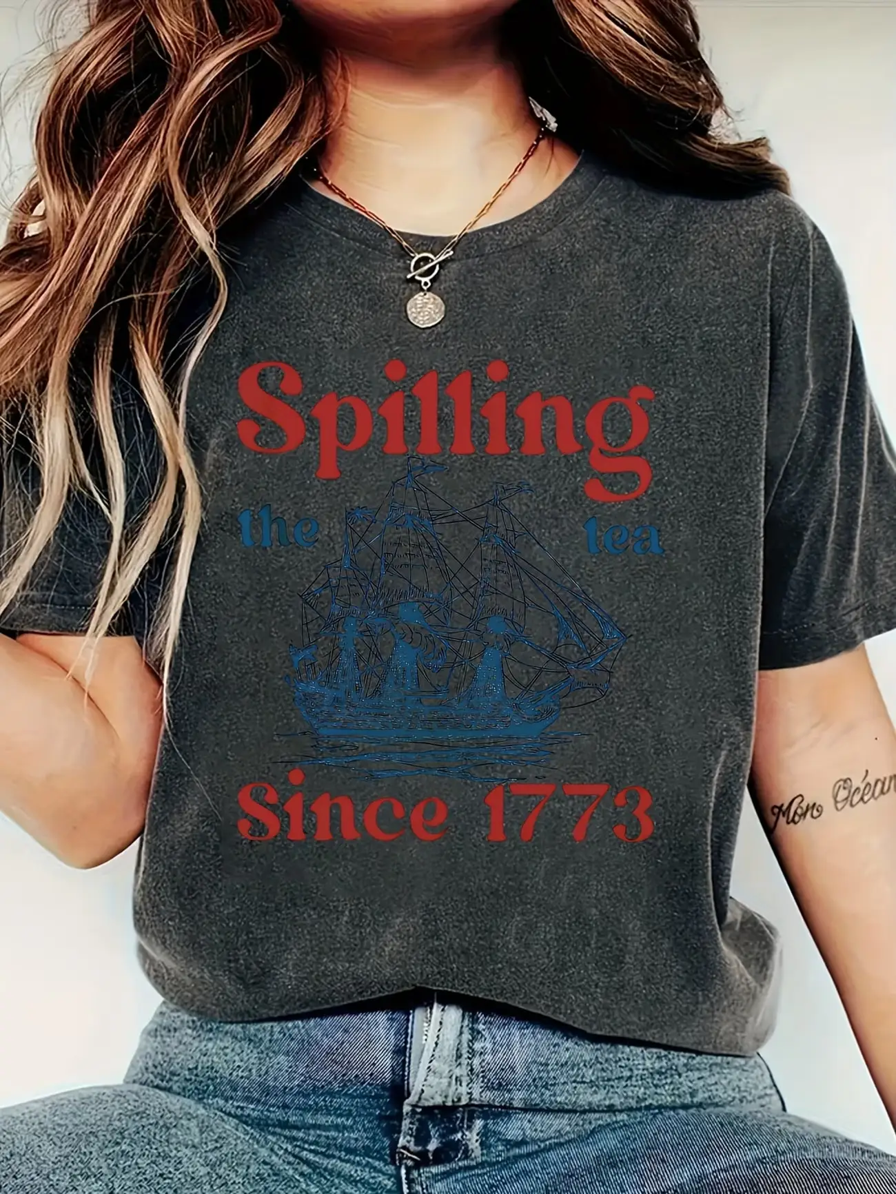 Plus size women's short sleeve T-shirt Spilling The Tea Since 1773 Everyday comfortable and versatile style summer outfits
Plus size women's short sleeve T-shirt Spilling The Tea Since 1773 Everyday comfortable and versatile style summer outfits