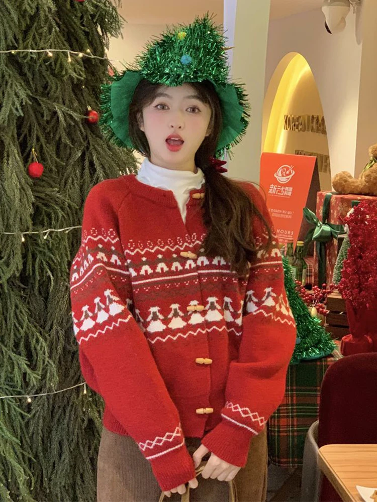Sweet Print Women Christmas Red Cardigan Lazy Wind Vintage Loose Cute Knitted Sweater Casual Kawaii Japan Female Fall Winter Top
Sweet Print Women Christmas Red Cardigan Lazy Wind Vintage Loose Cute Knitted Sweater Casual Kawaii Japan Female Fall Winter Top