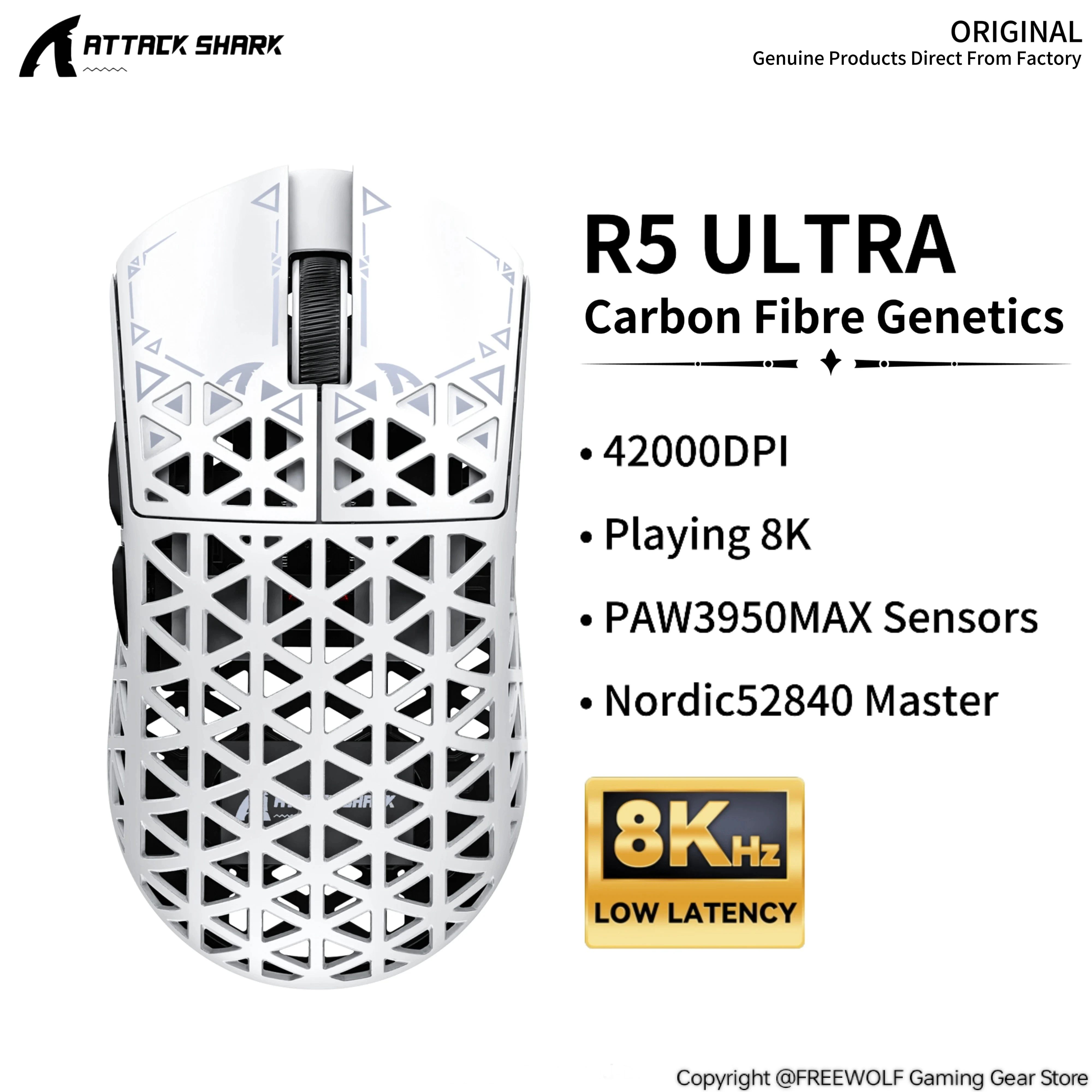 ATTACK SHARK R5 Ultra Gaming Mouse and 8K Mini Receiver,Eco-friendly Carbon Fiber Composite,PAW3950Max Sensor,42000DPI,230mAh
ATTACK SHARK R5 Ultra Gaming Mouse and 8K Mini Receiver,Eco-friendly Carbon Fiber Composite,PAW3950Max Sensor,42000DPI,230mAh