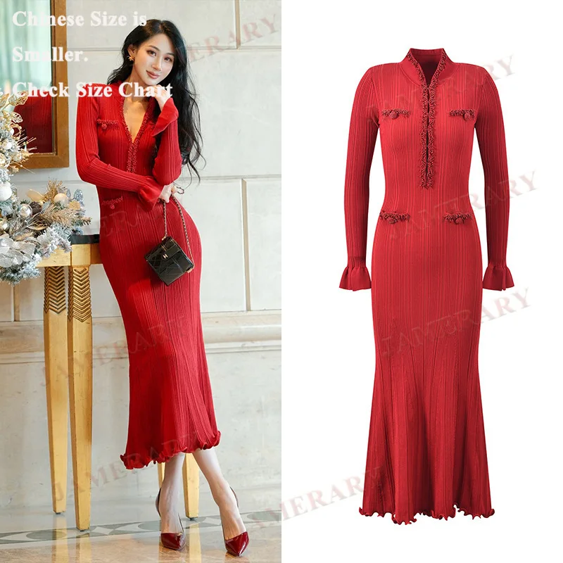 Elegant Spring Autumn Sweater Long Knitted Dresses Women Rhinestone Bandage Sheath Dress Lady Red Knitwear Casual Vestidos
Elegant Spring Autumn Sweater Long Knitted Dresses Women Rhinestone Bandage Sheath Dress Lady Red Knitwear Casual Vestidos