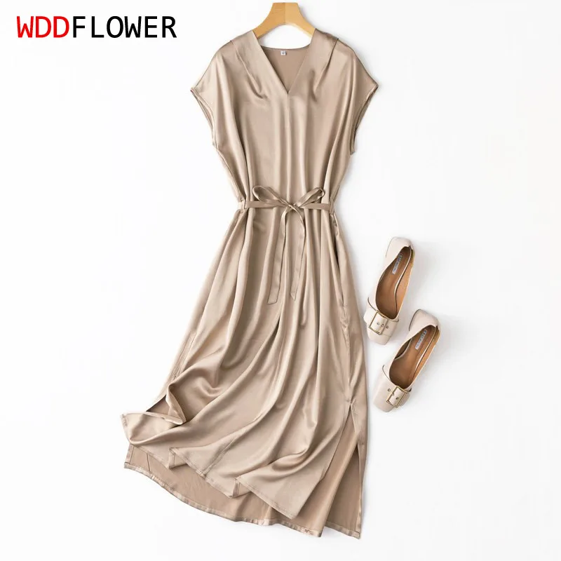 Women's 93% Mulberry Silk 7% Spandex V neck camel color short sleeve belted with pocket Long Dress MM160
Women's 93% Mulberry Silk 7% Spandex V neck camel color short sleeve belted with pocket Long Dress MM160