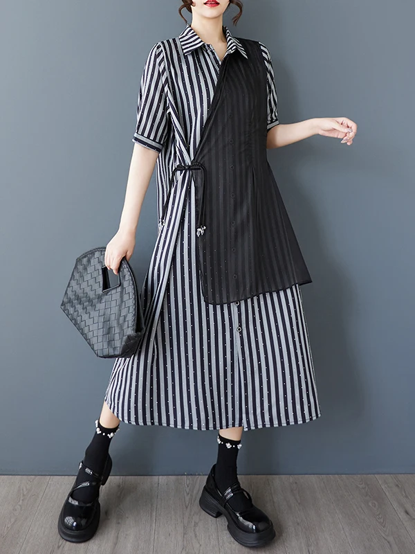 Slimming Effect Summer New Loose Large Size Artistic Design Fashionable Striped Rhinestone Patchwork Belted Midi Dress
Slimming Effect Summer New Loose Large Size Artistic Design Fashionable Striped Rhinestone Patchwork Belted Midi Dress