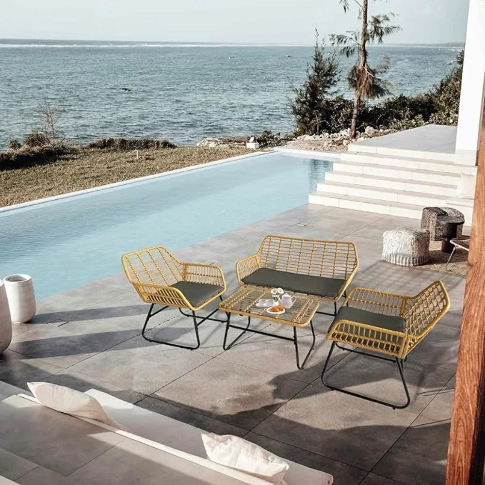4 Piece Rattan Patio Furniture Set,Indoor/Outdoor Wicker Conversation Set with Loveseat,Chairs and Table
4 Piece Rattan Patio Furniture Set,Indoor/Outdoor Wicker Conversation Set with Loveseat,Chairs and Table