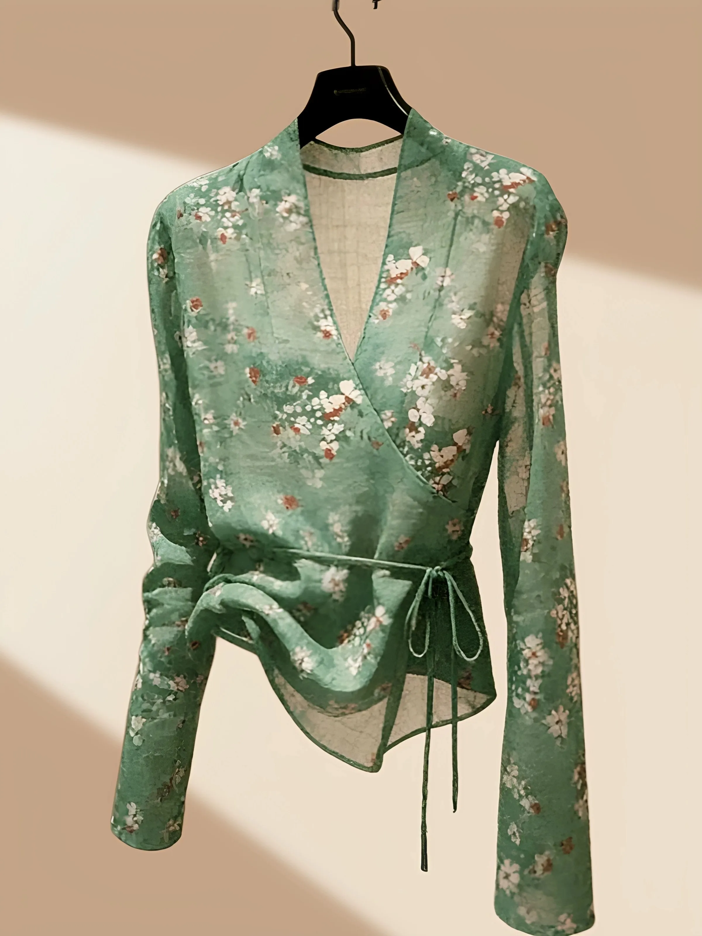Summer Thin Long Sleeve Floral Print Sun Protection V Neck Tie Waist Slimming Breathable Retro Style Chiffon Shirt Women
Summer Thin Long Sleeve Floral Print Sun Protection V Neck Tie Waist Slimming Breathable Retro Style Chiffon Shirt Women