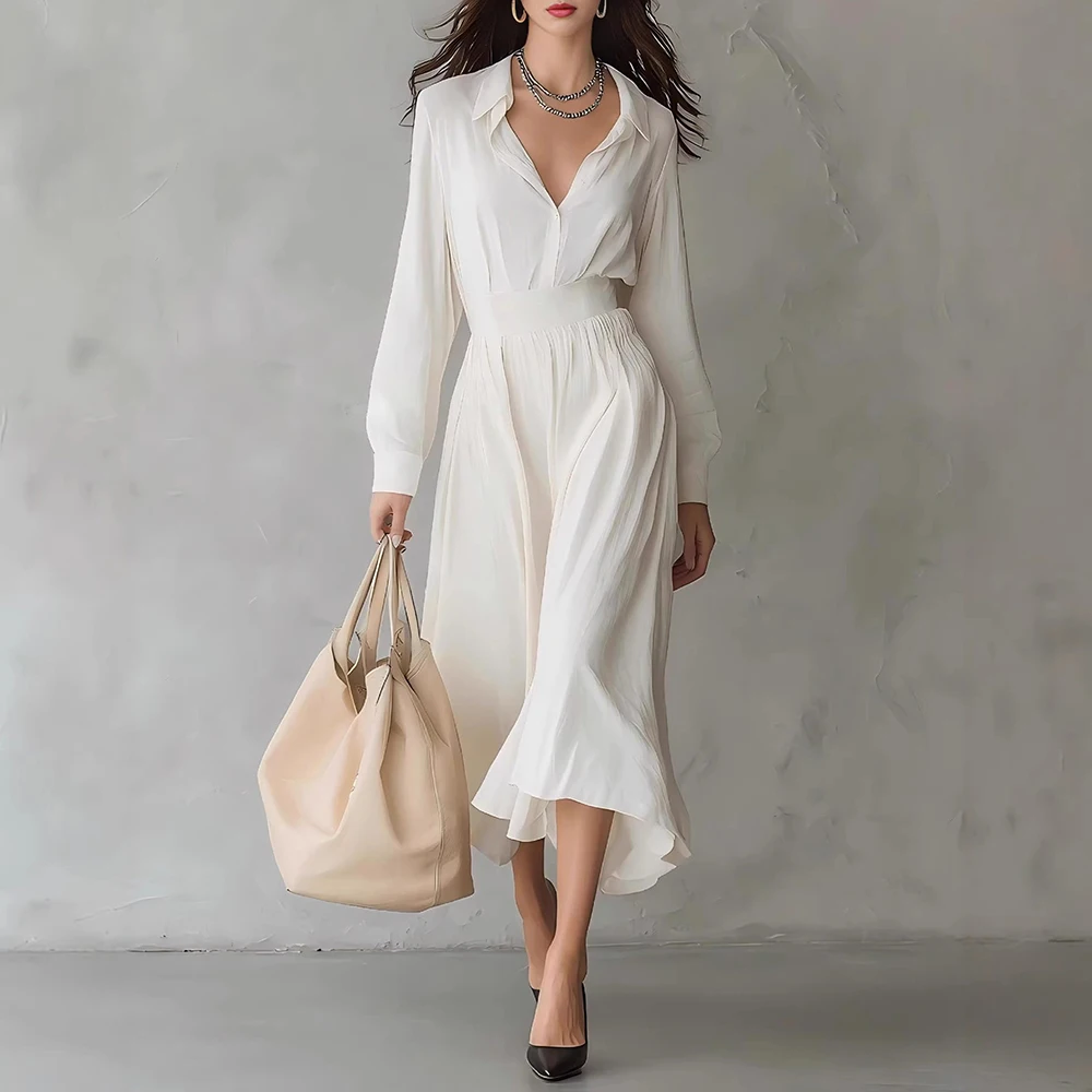 Women Elegant Collared Long Sleeve Shirt Midi Dress High Waist Pleated Irregular High Low Hem Flowy Chiffon Office Casual Dress
Women Elegant Collared Long Sleeve Shirt Midi Dress High Waist Pleated Irregular High Low Hem Flowy Chiffon Office Casual Dress