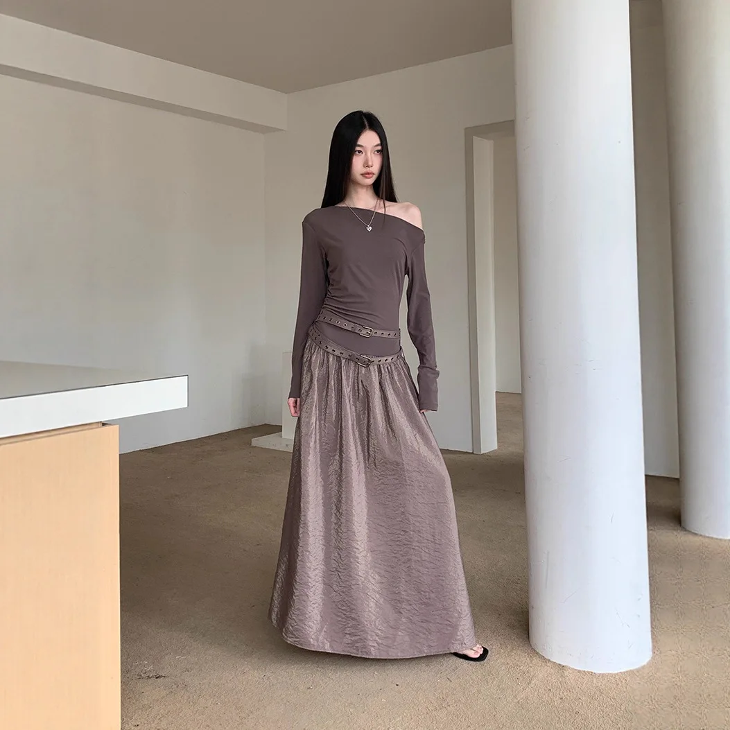 Women's Long Dress Design Sensation Double Belt Asymmetrical Shoulder Splice Matte Crease Long Sleeve Sexy Long Dress Autumn
Women's Long Dress Design Sensation Double Belt Asymmetrical Shoulder Splice Matte Crease Long Sleeve Sexy Long Dress Autumn