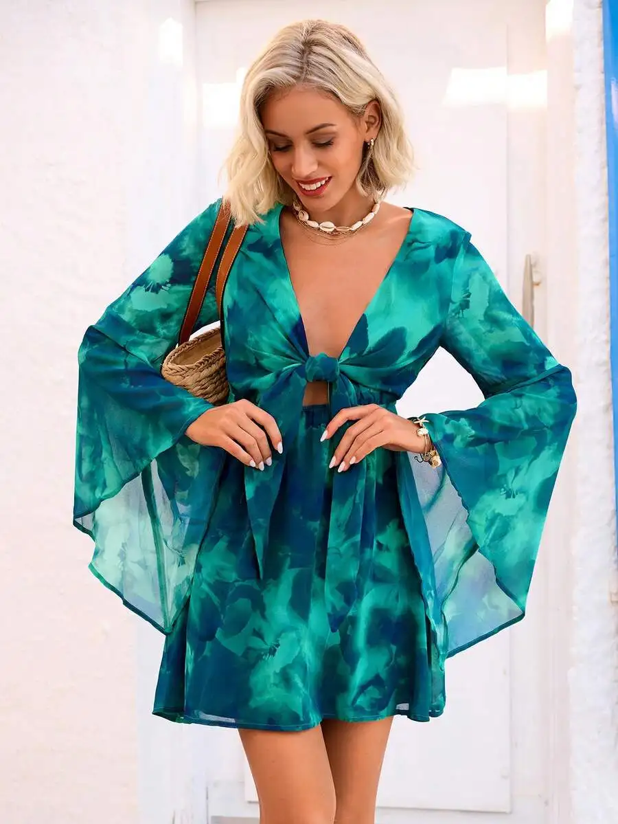 Vacation Chiffon Floral Print V-Neck Flare Asymmetrical Long Sleeve Mini Dress
Vacation Chiffon Floral Print V-Neck Flare Asymmetrical Long Sleeve Mini Dress