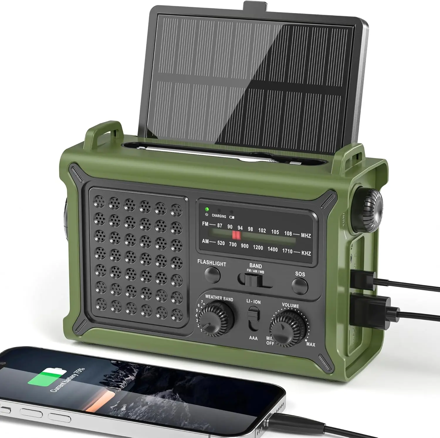 Emergency Solar Hand Crank Radio 12000mAh AM FM NOAA with LED Flashlight Cell Phone Charger Dual Outputs SOS
Emergency Solar Hand Crank Radio 12000mAh AM FM NOAA with LED Flashlight Cell Phone Charger Dual Outputs SOS