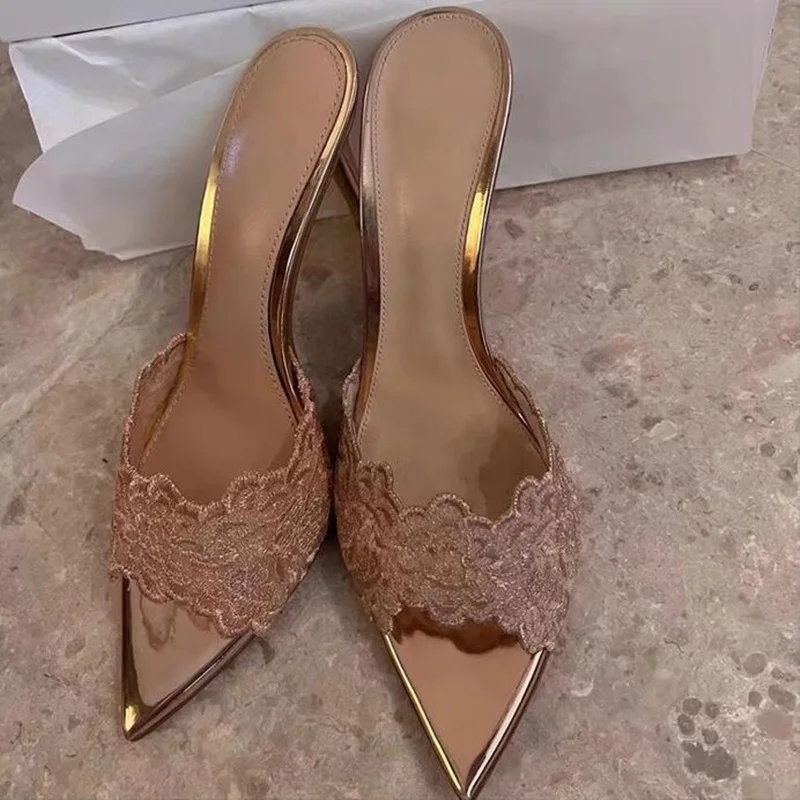 Champagne Lace Pointed Toe High Heel Slippers Metallic Leather Slip On Women Summer Sandals Shoes Hollow 10CM Mules Shoes
Champagne Lace Pointed Toe High Heel Slippers Metallic Leather Slip On Women Summer Sandals Shoes Hollow 10CM Mules Shoes