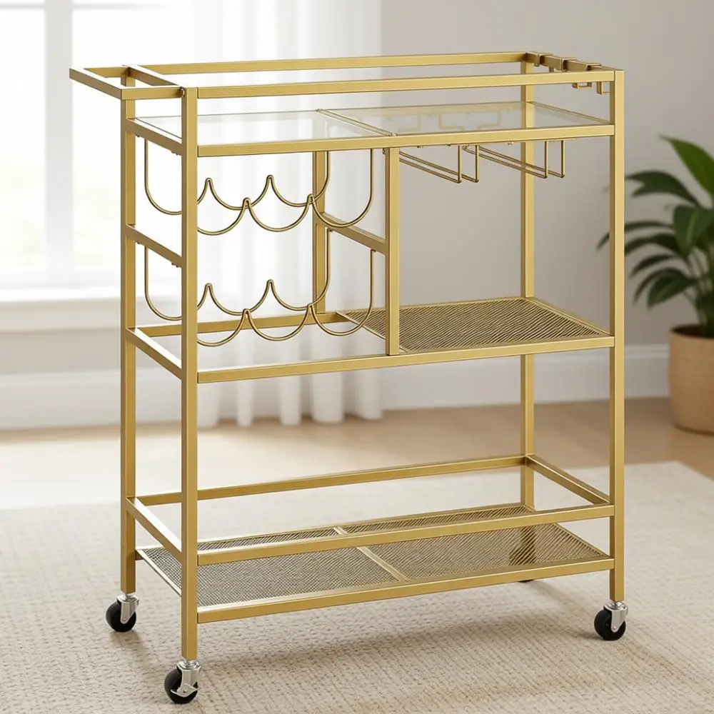 3-Tier Rolling Serving Cart with Wine Rack and Glass Holders for Home, Kitchen, or Dining Room in Gold
3-Tier Rolling Serving Cart with Wine Rack and Glass Holders for Home, Kitchen, or Dining Room in Gold