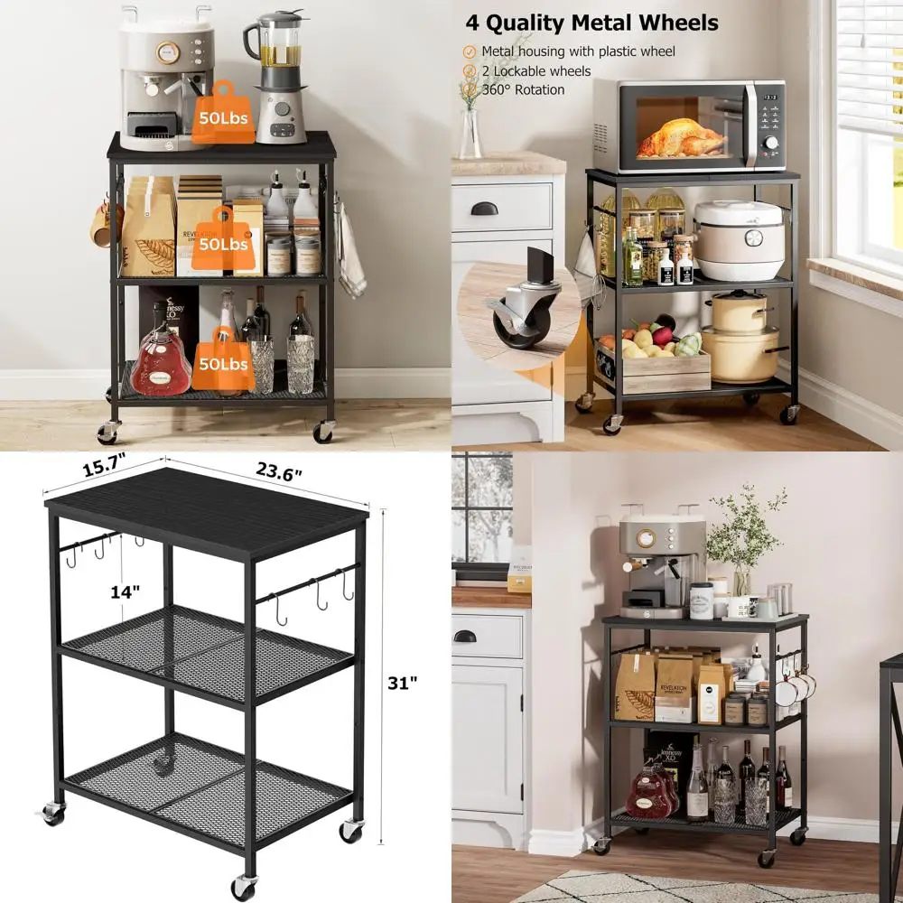 3-Tier Rolling Kitchen Cart with Lockable Wheels, Utility Cart for Microwaves and Coffee Bar, 6 Hooks, Storage Shelf, Black
3-Tier Rolling Kitchen Cart with Lockable Wheels, Utility Cart for Microwaves and Coffee Bar, 6 Hooks, Storage Shelf, Black