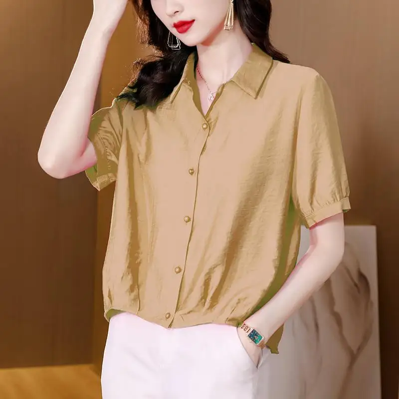 Summer All-match Vintage Loose Blouse Short Sleeve Polo Neck Solid Simplicity Casual Shirt Tops Fashion Elegant Women Clothing
Summer All-match Vintage Loose Blouse Short Sleeve Polo Neck Solid Simplicity Casual Shirt Tops Fashion Elegant Women Clothing