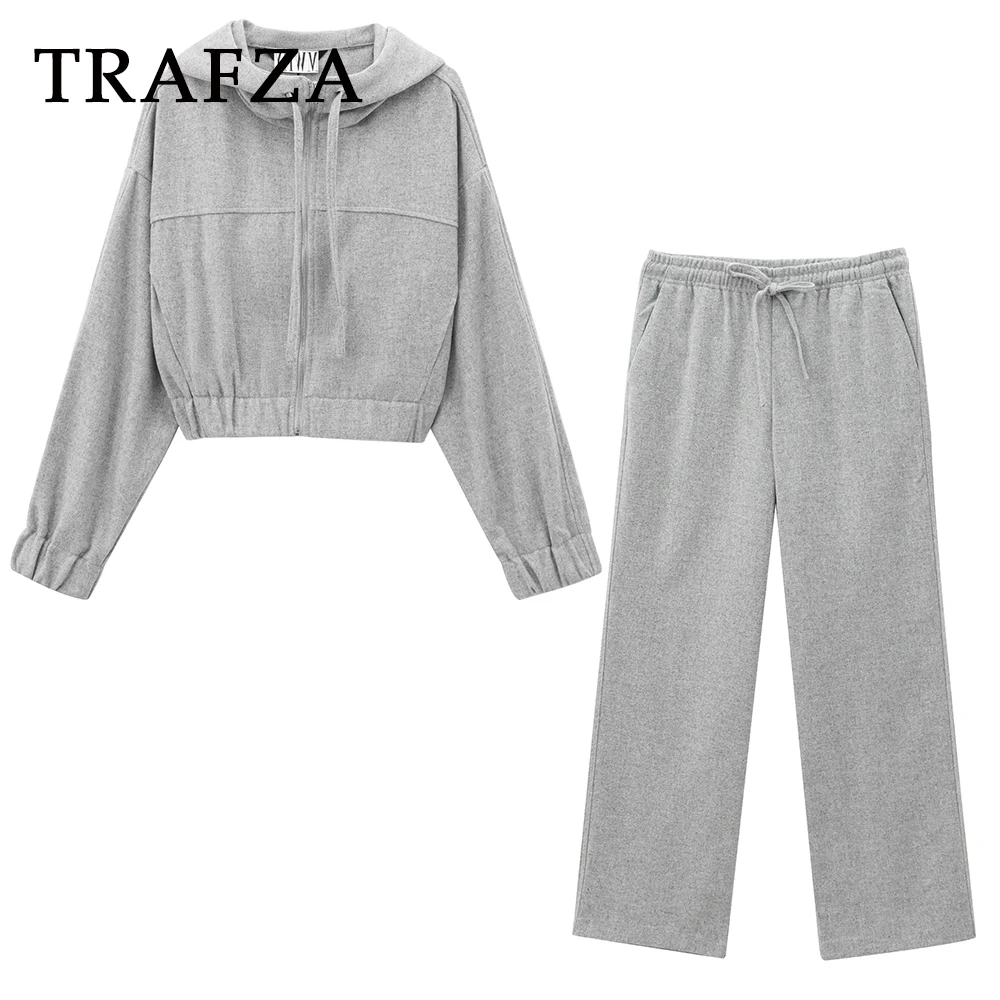 TRAFZA Chic Solid Grey Hooded Zipper Women Suit Slim Collar Women Streetwear Outwear Straight High Waist Wide Leg Lace Pants
TRAFZA Chic Solid Grey Hooded Zipper Women Suit Slim Collar Women Streetwear Outwear Straight High Waist Wide Leg Lace Pants
