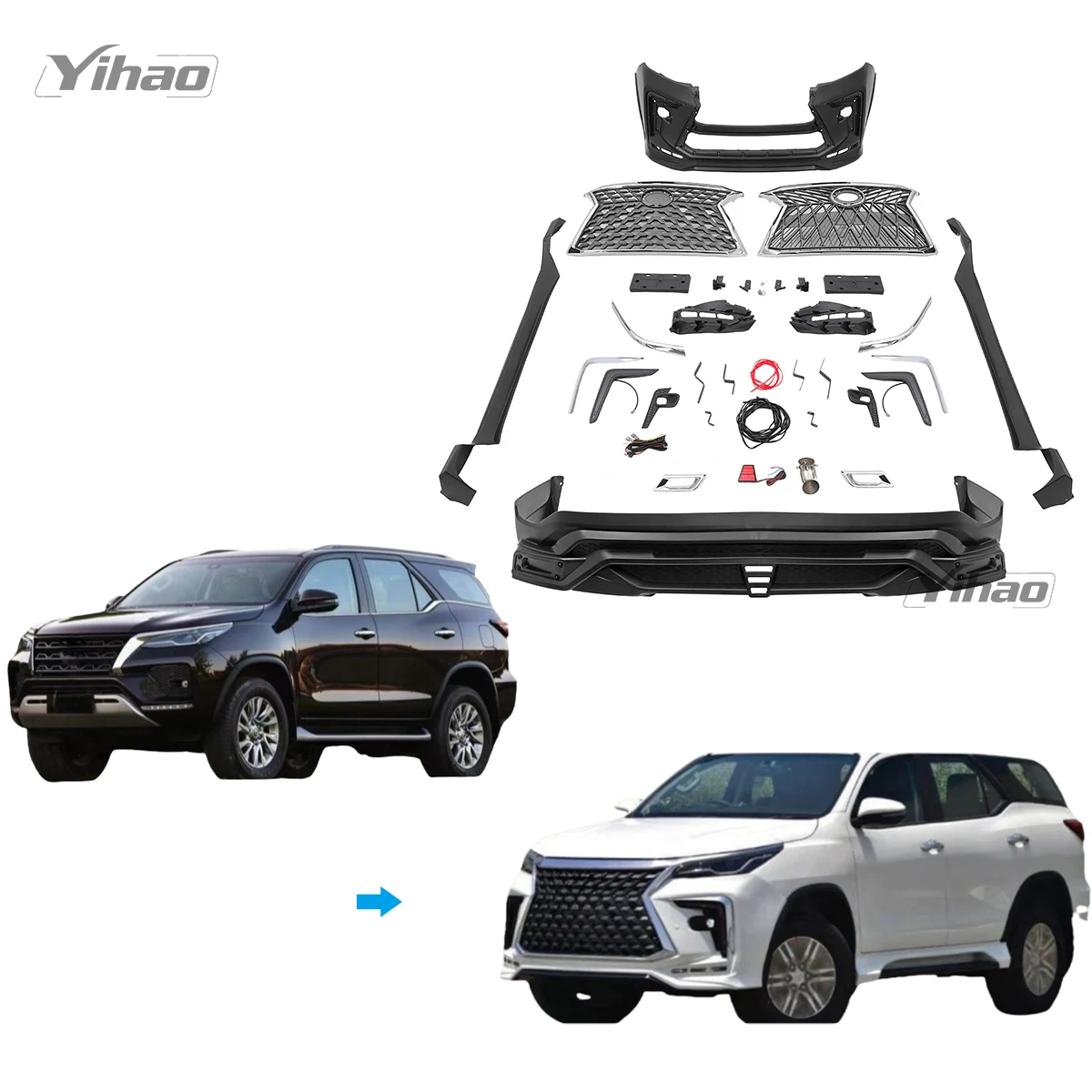 Hot Sale Upgrade Body Kit Facelift Front and Rear Bumper for 2021-2023 Toyota Fortuner
Hot Sale Upgrade Body Kit Facelift Front and Rear Bumper for 2021-2023 Toyota Fortuner