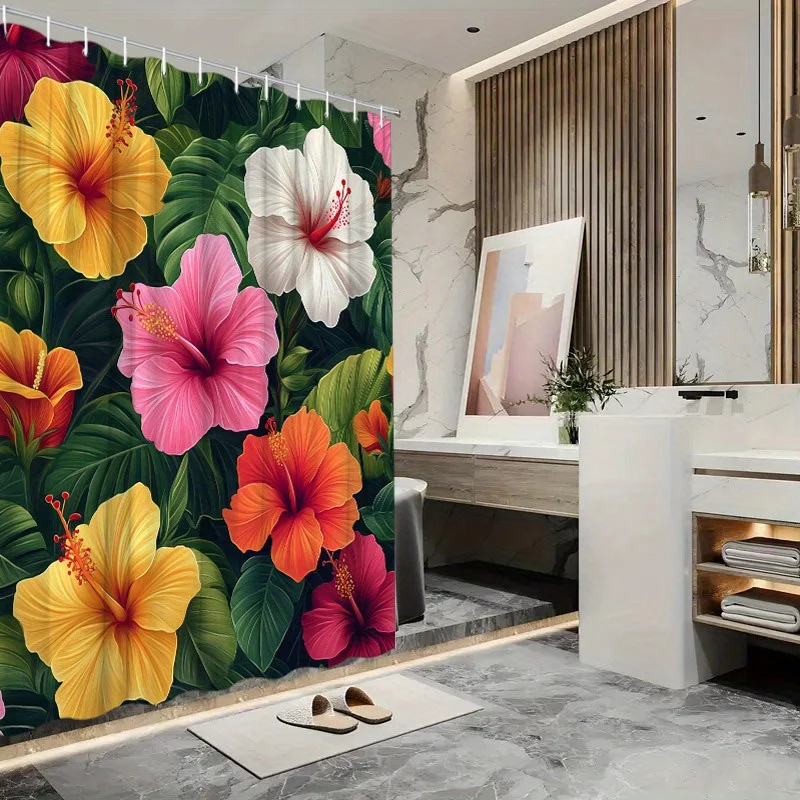 1 шт. занавеска для душа с тропическим гибискусом — пишные зеленые листья и разноцветные цветы, полиэстер, 70,8x70,8 дюйма, 12 крючков, легкий уход 
1 шт. занавеска для душа с тропическим гибискусом — пишные зеленые листья и разноцветные цветы, полиэстер, 70,8x70,8 дюйма, 12 крючков, легкий уход