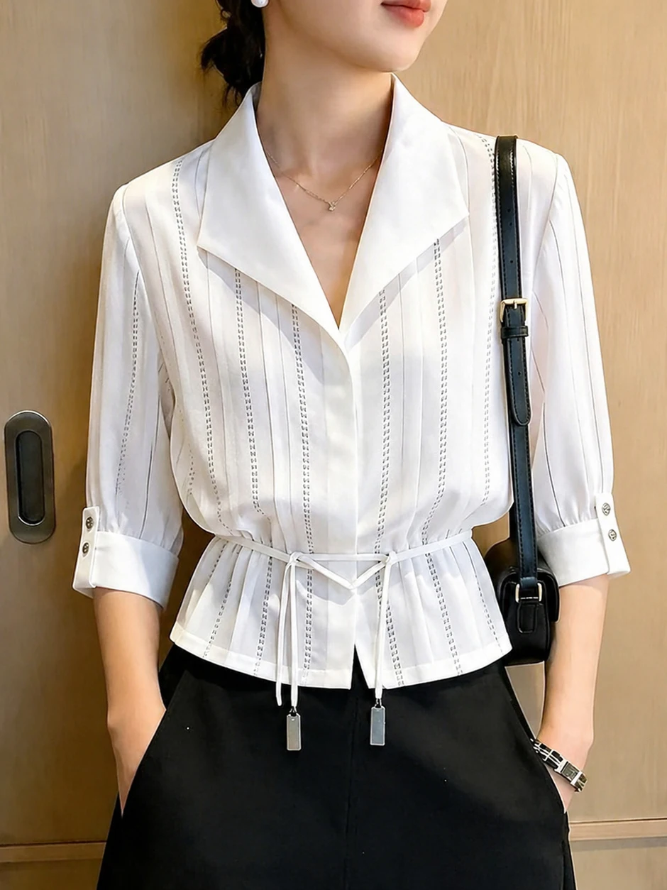 Daily Wear Gentle Wind Shirt with Stand Collar Five-Quarter Sleeves Waist-Cinching Commute Versatile Elegant Top Summer Shirt
Daily Wear Gentle Wind Shirt with Stand Collar Five-Quarter Sleeves Waist-Cinching Commute Versatile Elegant Top Summer Shirt